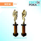 eberix · Reitsport Pokal · mit Wunschgravur · Trophäe mit Hufeisen-Motiv & goldener Glanzsäule · Siegerpokal für Reitturnier, Voltigieren, Dressur, Pferdesport ·