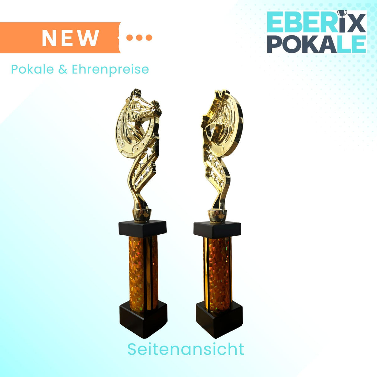 eberix · Reitsport Pokal · mit Wunschgravur · Trophäe mit Hufeisen-Motiv & goldener Glanzsäule · Siegerpokal für Reitturnier, Voltigieren, Dressur, Pferdesport ·