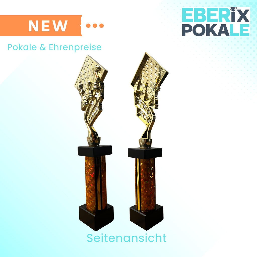 eberix · Schach Pokal · mit Wunschgravur · Trophäe mit Figuren & Brett Motiv · Siegerpokal für Schachturnier, Vereinsmeisterschaft, Denksport-Wettbewerb · personalisierbar ·