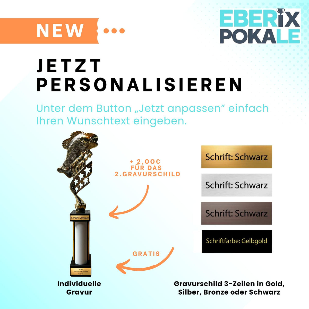 eberix · Angelsport Pokal · mit Wunschgravur · Trophäe mit Fisch-Motiv inkl. Gravur · Siegerpokal für Angelturnier, Vereinsfischen, Fischerfest, Raubfisch-Cup · personalisierbar ·
