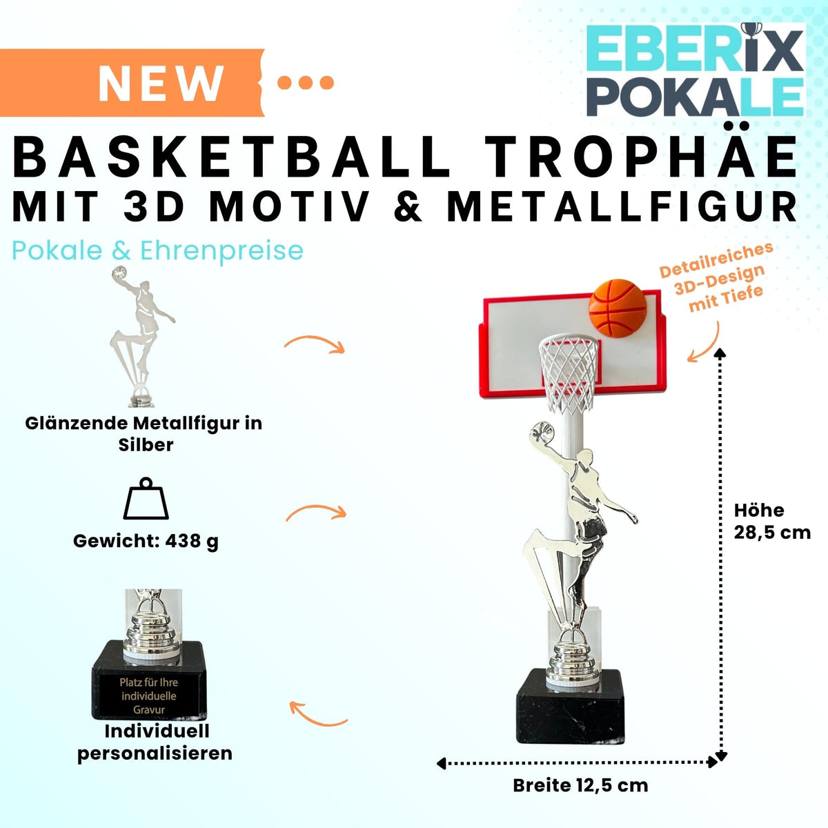Basketballpokal 28,5 cm Metallfigur mit Wunschgravur & 3D-Hintergrund