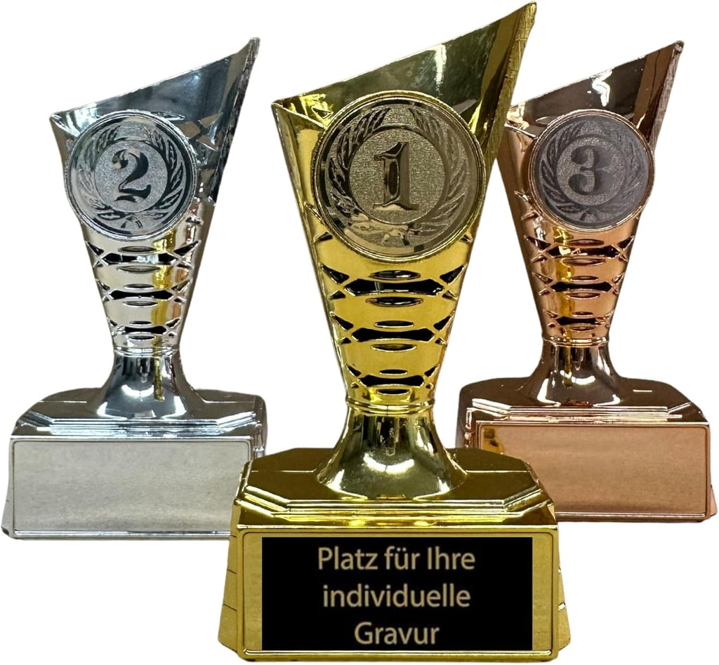 EBERiX – 3er Pokal-Set Platz 1, 2, 3 – Mini-Trophaeen aus Kunststoff mit Gravur – Gold, Silber & Bronze – ca. 11 cm hoch – geeignet fuer Turniere, Kinderfeste, Spieleabende & als Geschenkpokal