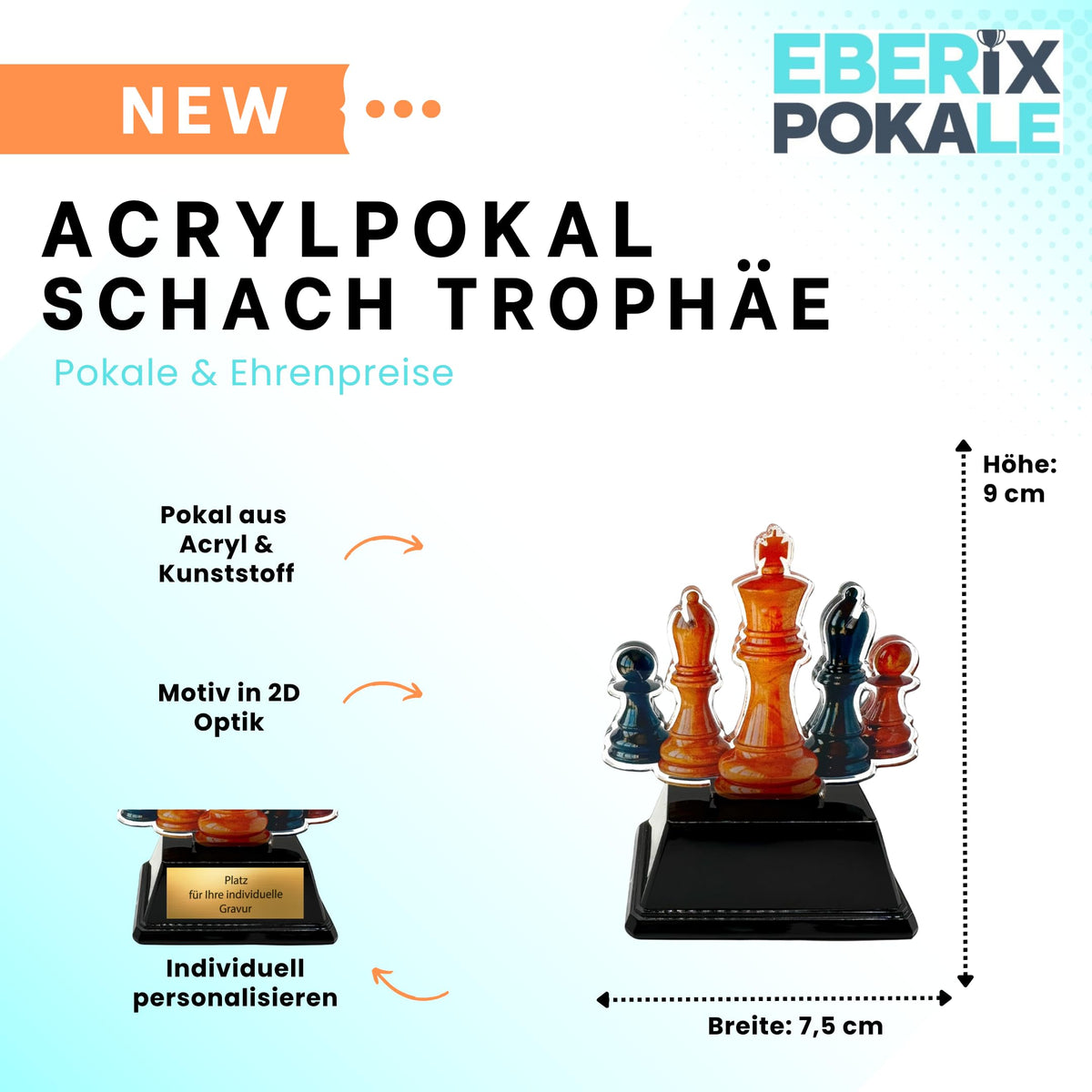 9 cm Schachpokal aus Acryl - Mini Trophäe mit Gravurschild für Turniere