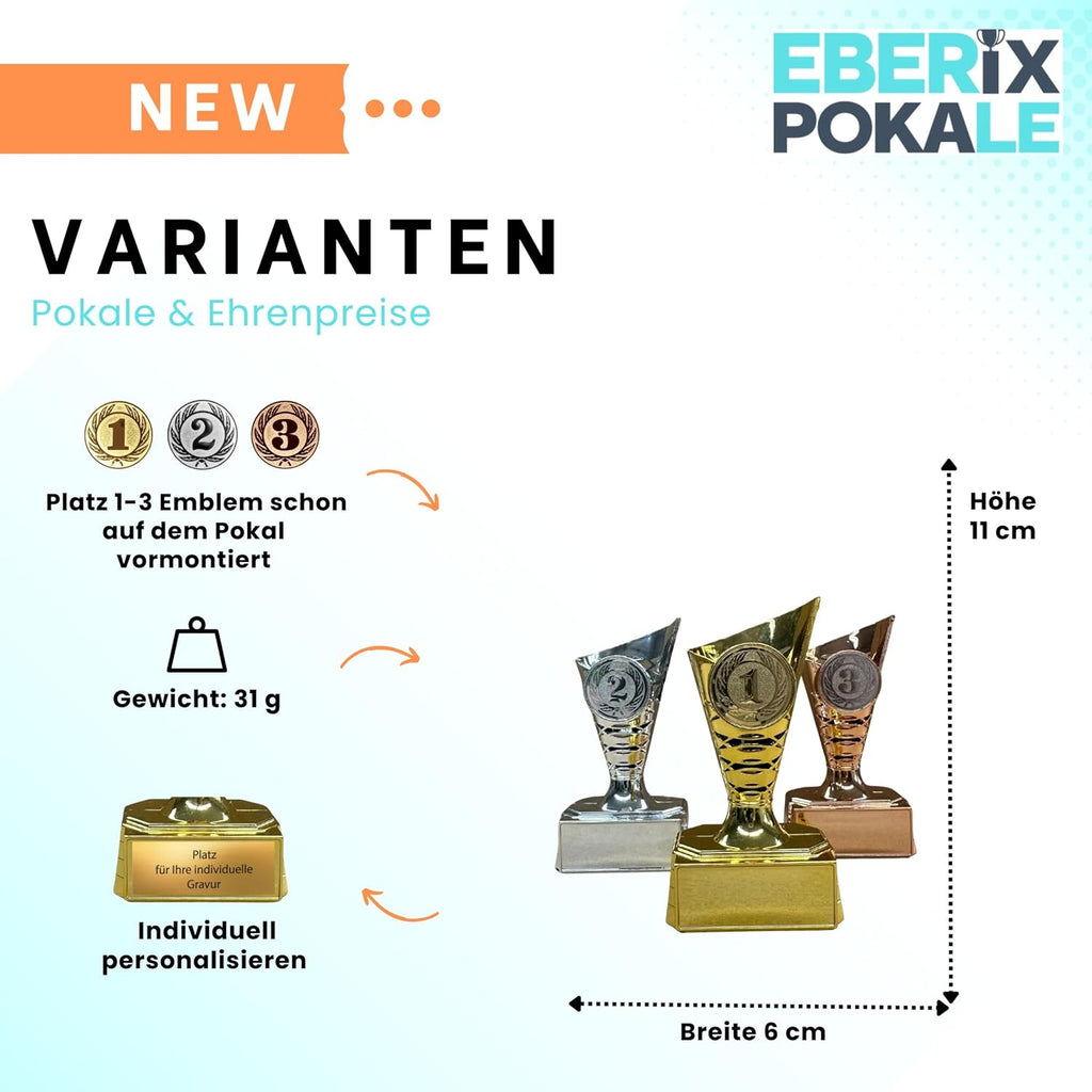 EBERiX – 3er Pokal-Set Platz 1, 2, 3 – Mini-Trophaeen aus Kunststoff mit Gravur – Gold, Silber & Bronze – ca. 11 cm hoch – geeignet fuer Turniere, Kinderfeste, Spieleabende & als Geschenkpokal