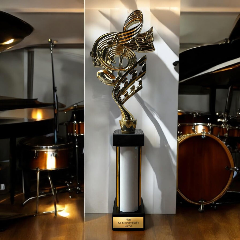 eberix · Musik Notenschlüssel Pokal · mit Wunschgravur · Trophäe mit weißer Glanzsäule · Pokal für Musikwettbewerb, Band, Chor, Musikschule, Vereinsauszeichnung · personalisierbar ·