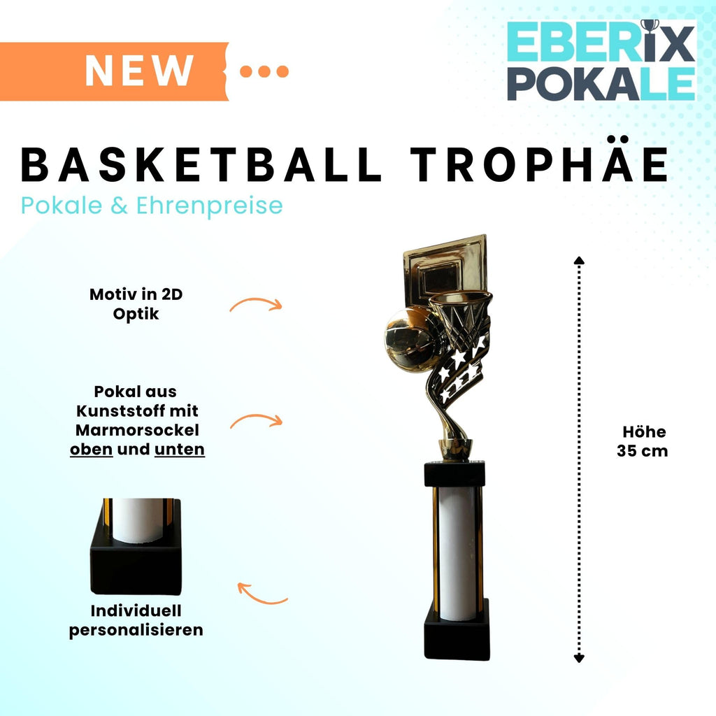 eberix · Basketball Pokal · mit Wunschgravur ·Trophäe mit Korb & Ball Motiv · Siegerpokal für Basketballturnier, Vereinsmeisterschaft, Streetball · personalisierbar ·
