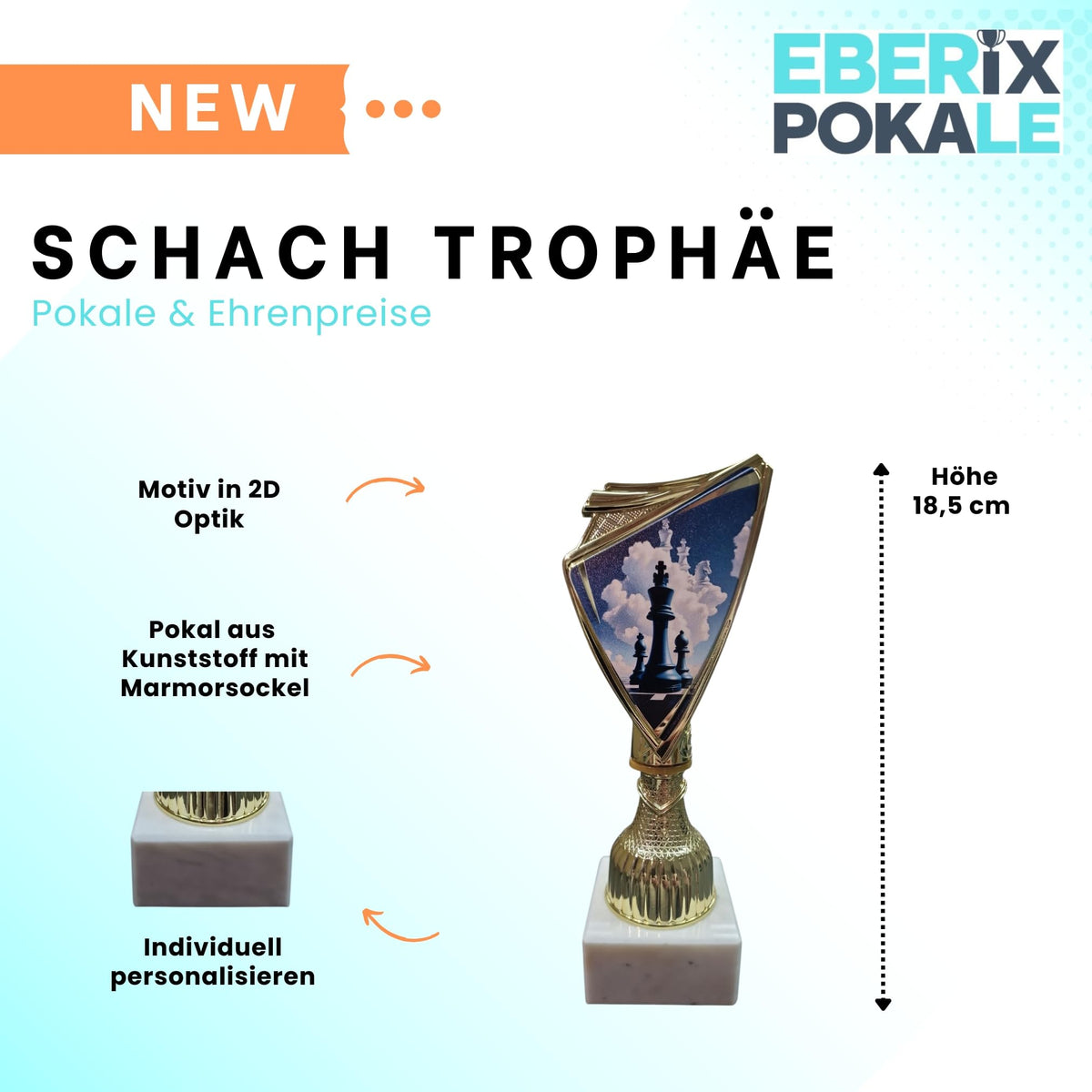 Schach Pokal 18,5cm - Trophäe mit Gravur & Marmorsockel für Turniere