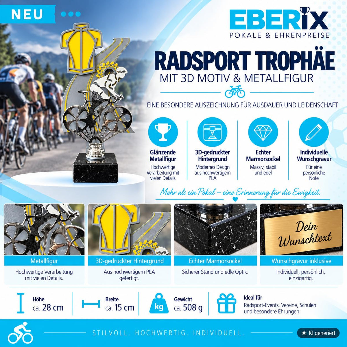 Radsport Trophäe 28 cm Metallfigur mit 3D-Motiv & Wunschgravur