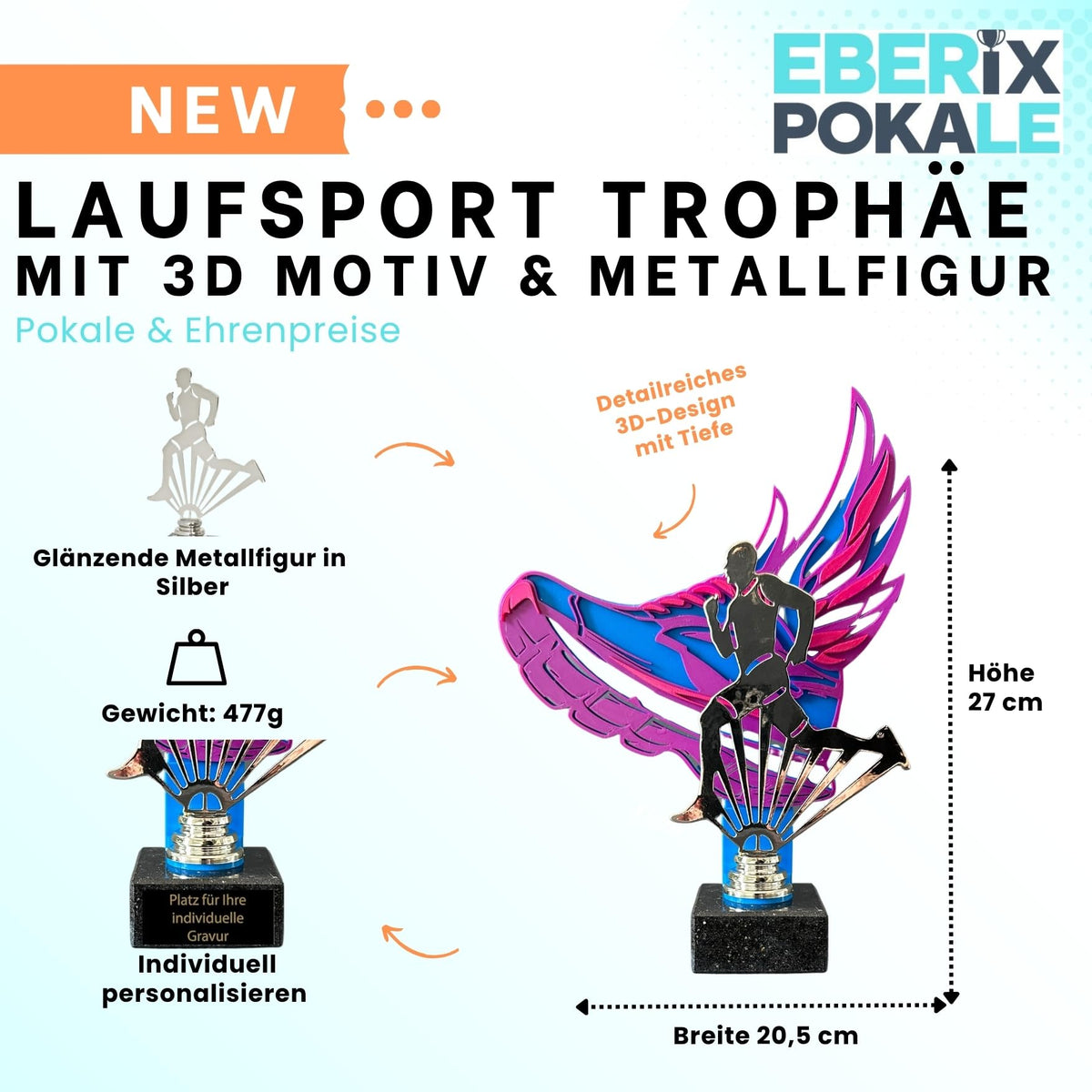 Laufsport Trophäe 27 cm Metallfigur mit 3D-Motiv & Wunschgravur