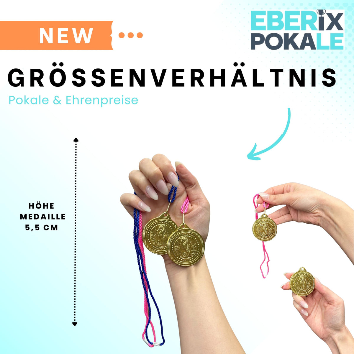EBERiX POKALE – Seepferdchen Medaille 50 mm aus Metall – glänzende Schwimm Medaille für Kinder & Vereine – inklusive Kordel in Blau oder Rosa – 31 g – Ideal für Schwimmkurse & Wettkämpfe