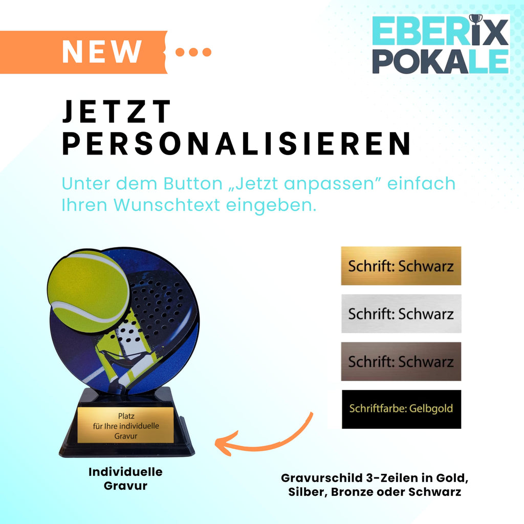 EBERiX POKALE – XS Padel Pokal aus Acryl, 10 cm – moderne Trophäe mit Ball-Motiv & Gravurschild, Sockel aus Kunststoff – Padelcup für Kinder & Erwachsene