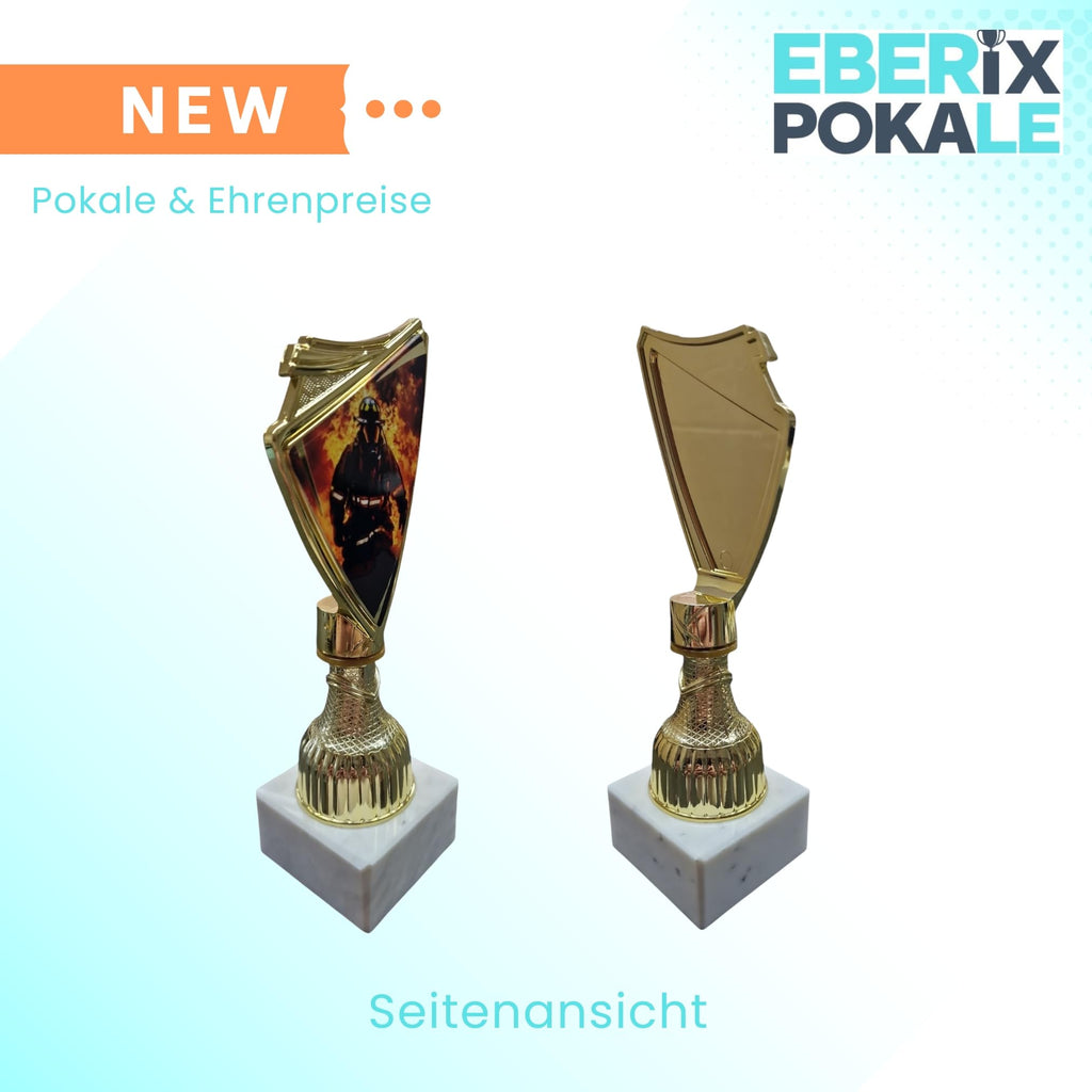 Feuerwehr Pokal 18,5cm - Goldene Trophäe mit 2D-Motiv & Marmorsockel