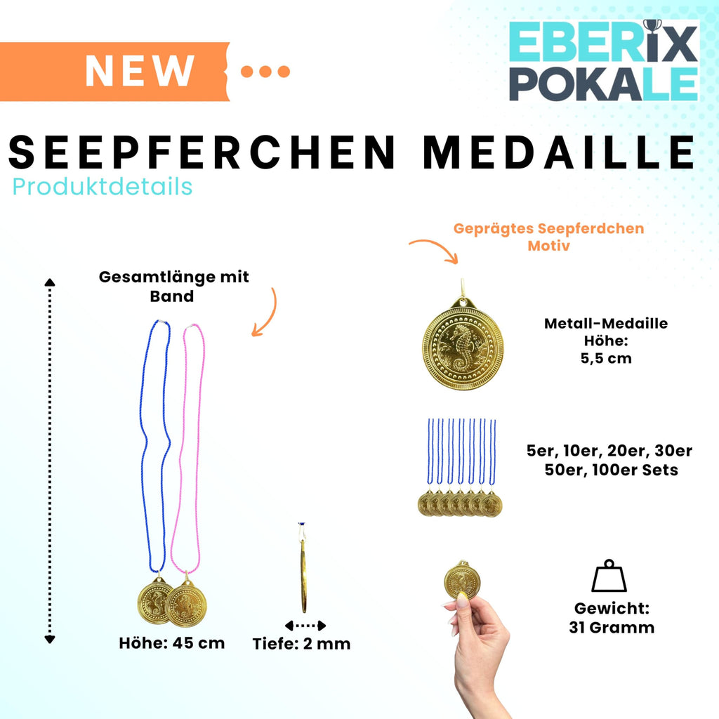 EBERiX POKALE – Seepferdchen Medaille 50 mm aus Metall – glänzende Schwimm Medaille für Kinder & Vereine – inklusive Kordel in Blau oder Rosa – 31 g – Ideal für Schwimmkurse & Wettkämpfe