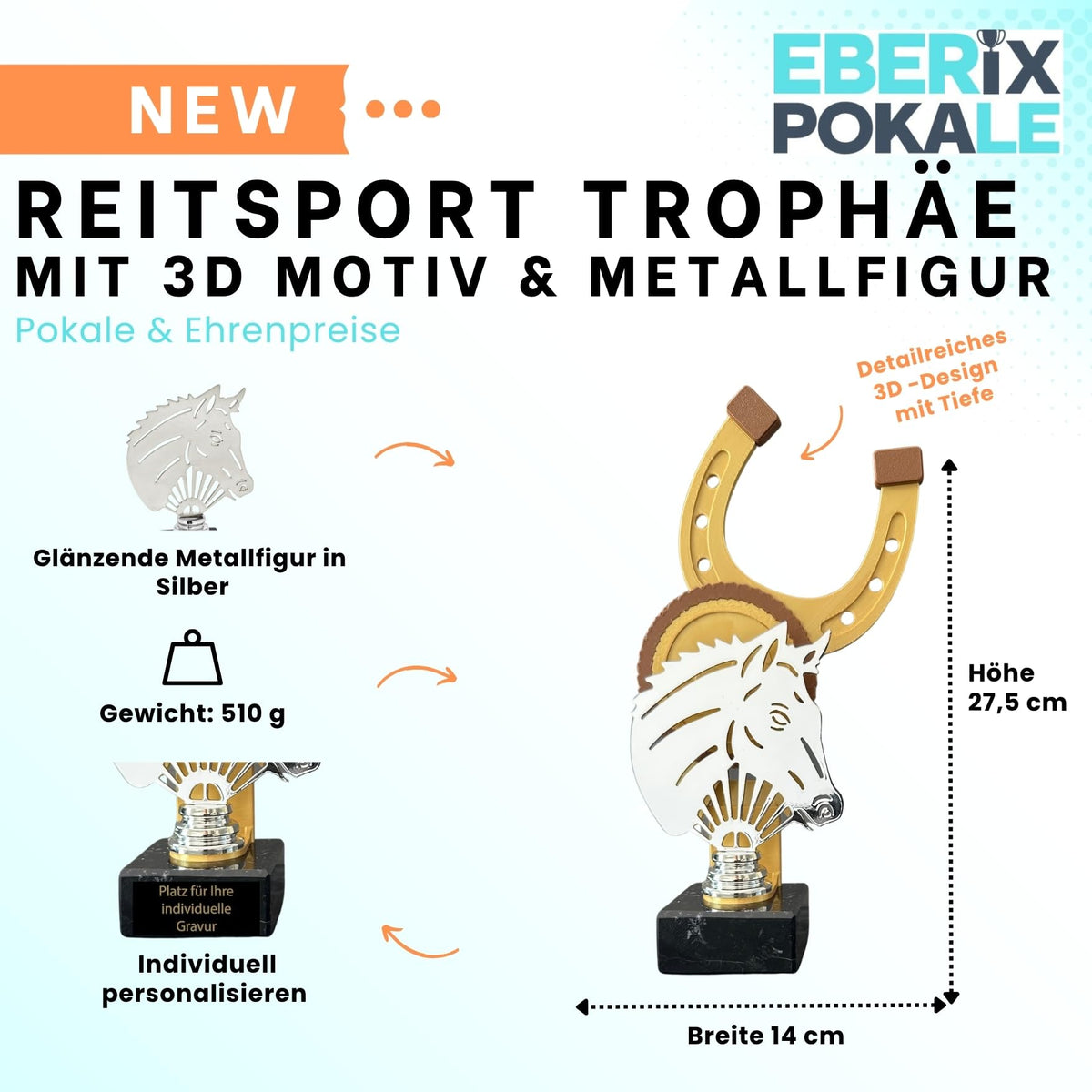 Reitsport Trophäe 27,5 cm Metallfigur mit 3D-Motiv & Wunschgravur