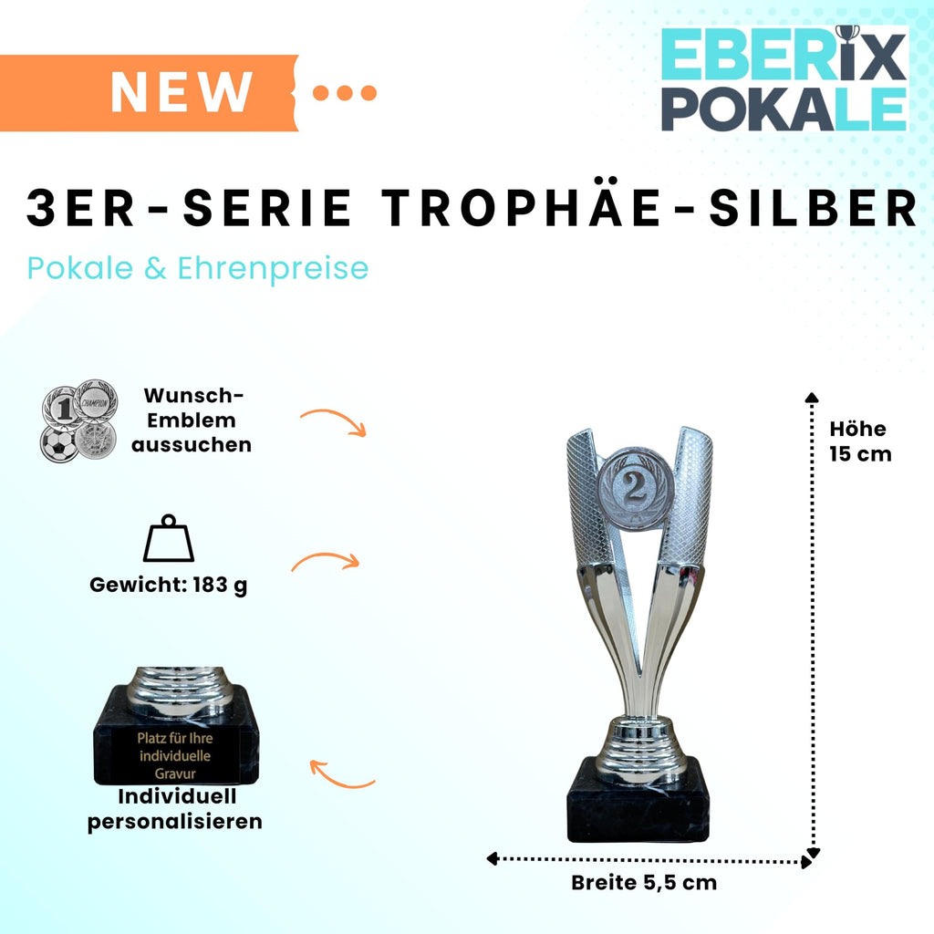 EBERiX POKALE – Pokal 15 cm mit Gravur auf Marmorsockel – wählbar in Gold Silber Bronze – personalisierte Kunststoff Trophäe – Award für Turniere & Events – einzeln oder als 3er-Set