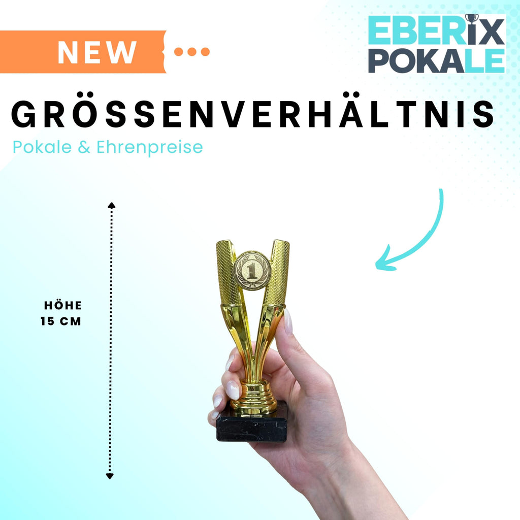 EBERiX POKALE – Pokal 15 cm mit Gravur auf Marmorsockel – wählbar in Gold Silber Bronze – personalisierte Kunststoff Trophäe – Award für Turniere & Events – einzeln oder als 3er-Set