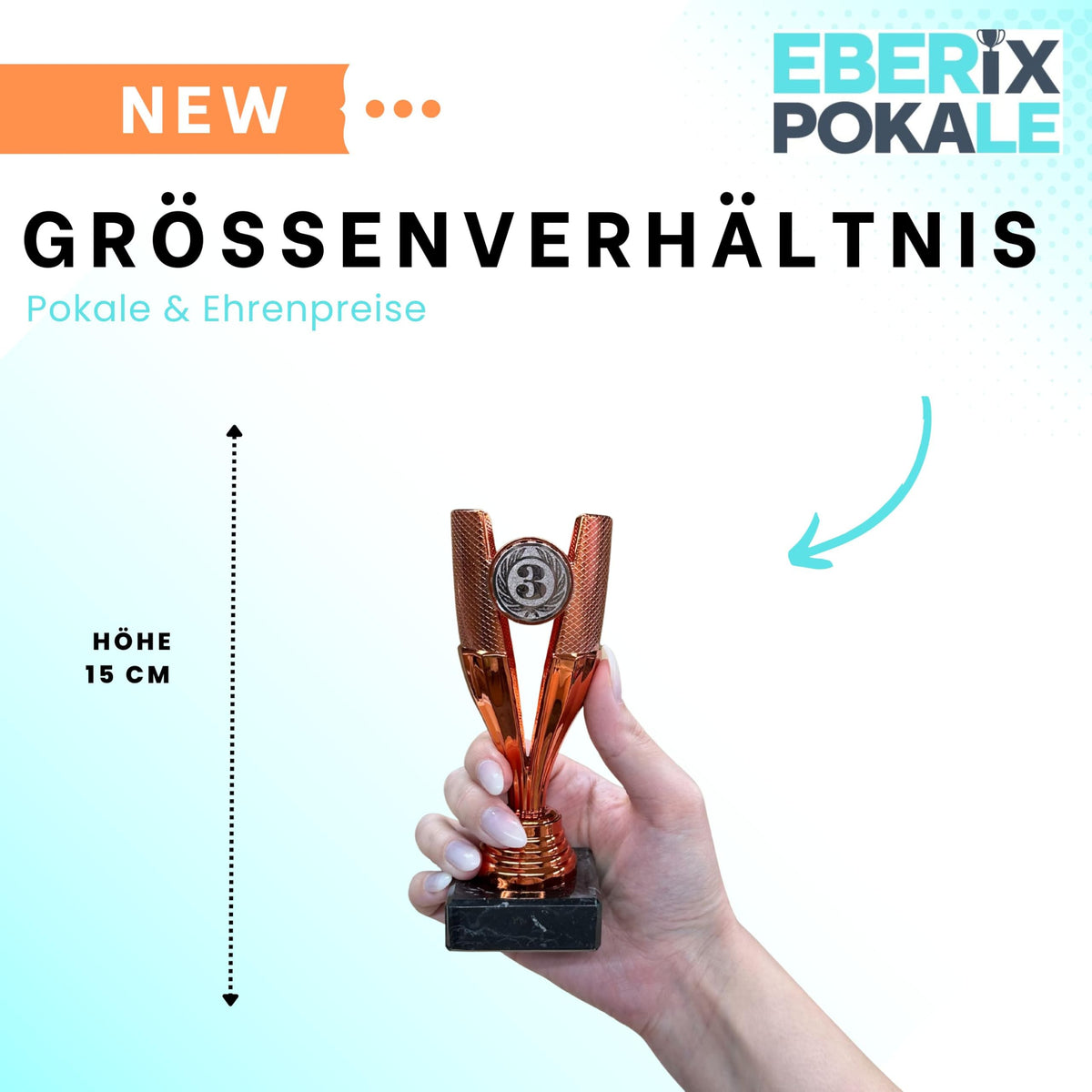 EBERiX POKALE – Pokal 15 cm mit Gravur auf Marmorsockel – wählbar in Gold Silber Bronze – personalisierte Kunststoff Trophäe – Award für Turniere & Events – einzeln oder als 3er-Set