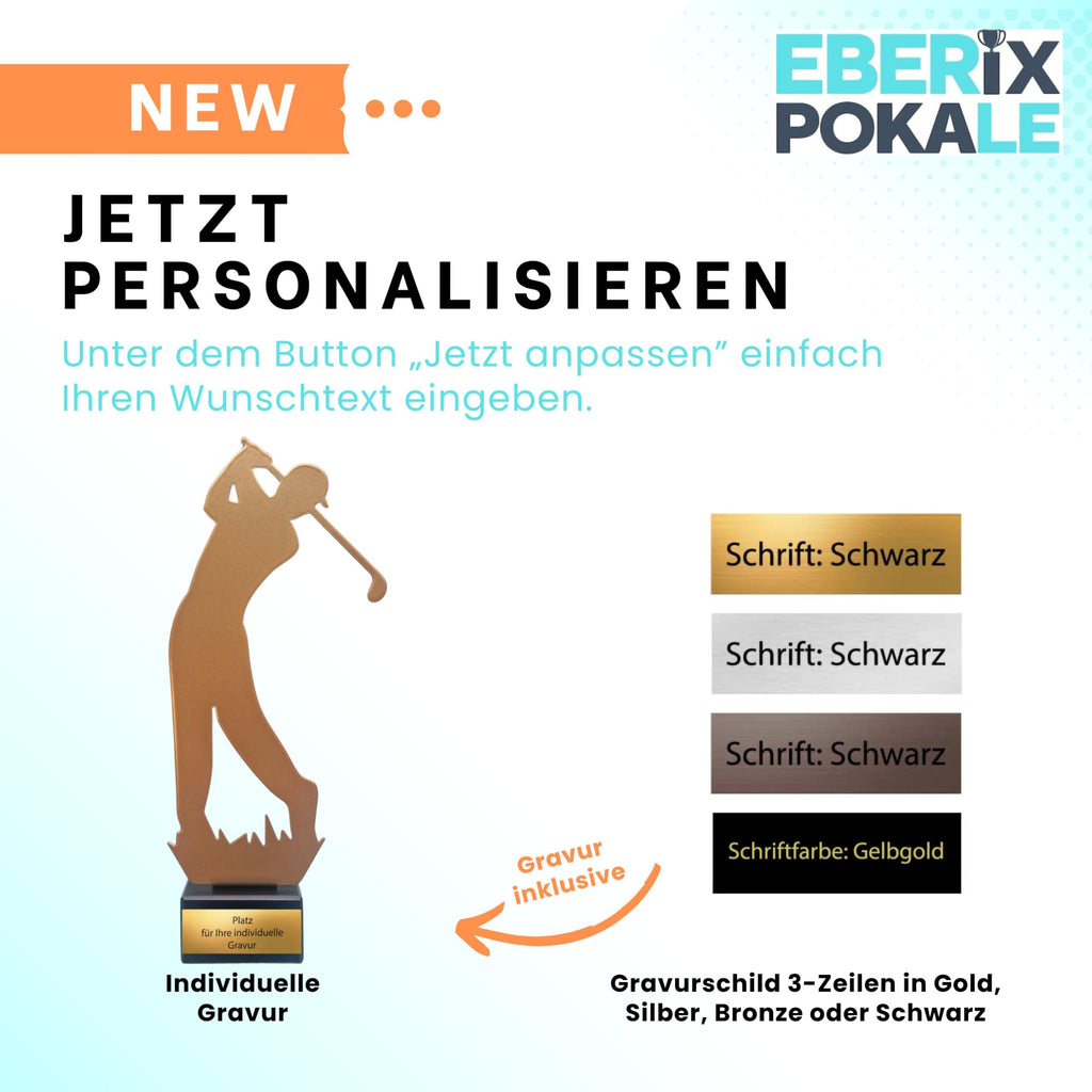 EBERiX POKALE – Metall Golfer Pokal 24 cm hoch – Award aus Metall mit Gravurschild – Golfturnier Trophäe auf Resin Sockel – kein Kunststoff – personalisierbar & sofort überreichbar
