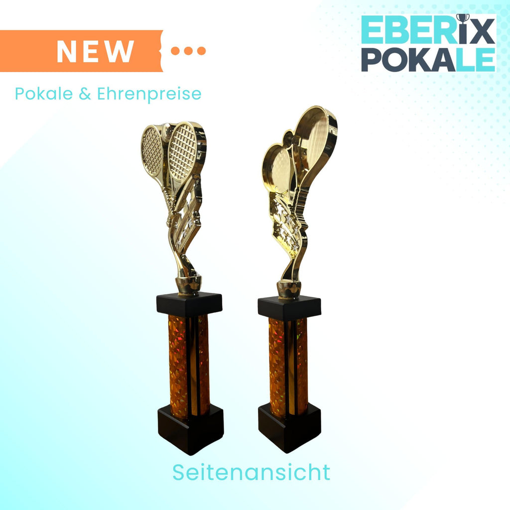 eberix · Tennis Pokal · mit Wunschgravur · Trophäe mit Tennisschläger & Ball Motiv · Siegerpokal für Tennis-Turnier, Vereinsmeisterschaft · personalisierbar ·