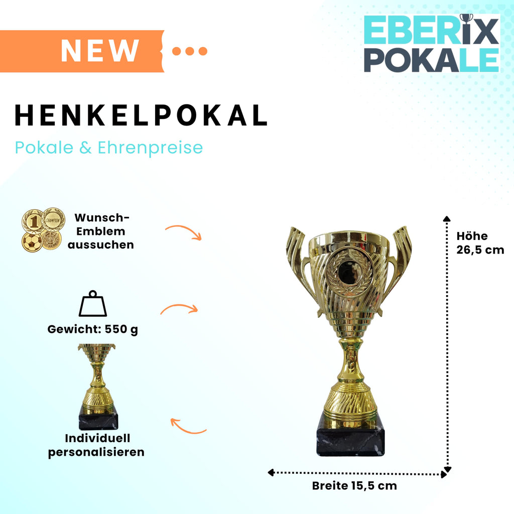 Henkelpokal Gold 26,5cm | Ehrenpokal | Wunschemblem | Gravur | 550g