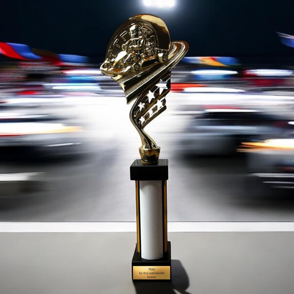 eberix · Go-Kart Motorsport Pokal · mit Wunschgravur · Trophäe mit weißer Glanzsäule · Siegerpokal für Kart-Rennen, Jugendkart, Motorsport-Wettbewerb · personalisierbar ·