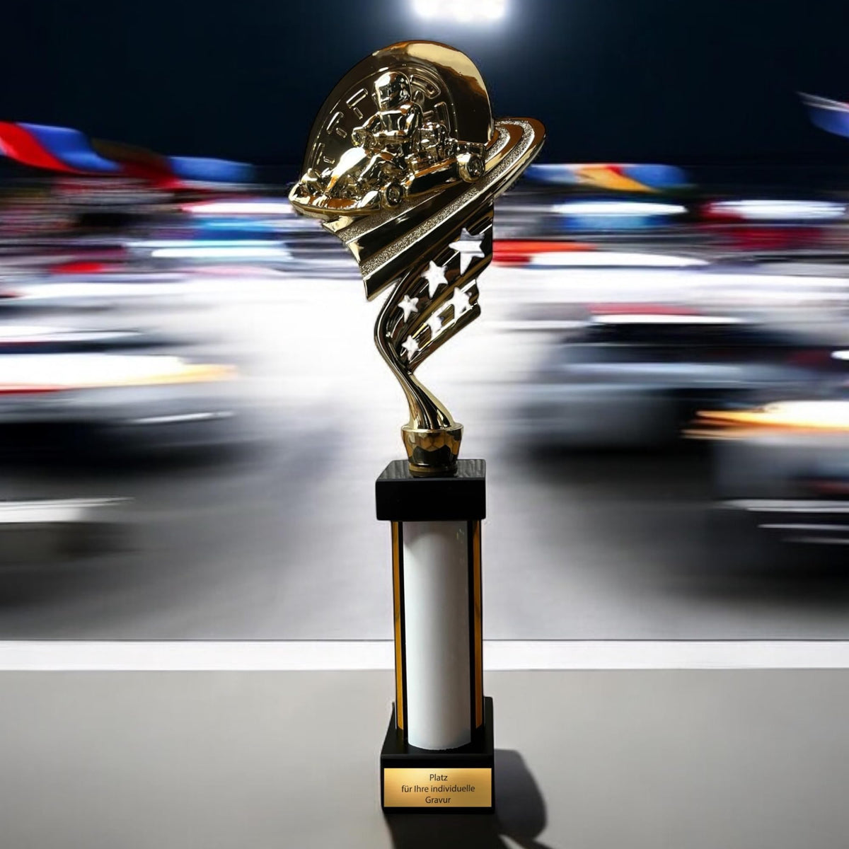 eberix · Go-Kart Motorsport Pokal · mit Wunschgravur · Trophäe mit weißer Glanzsäule · Siegerpokal für Kart-Rennen, Jugendkart, Motorsport-Wettbewerb · personalisierbar ·