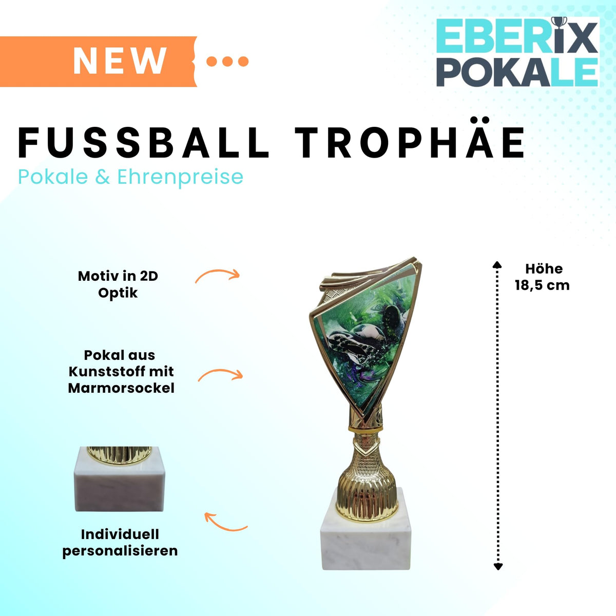 Fußball-Trophäe 18,5cm auf Marmorsockel - Pokal mit Wunschgravur & 2D-Motiv