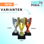 EBERiX POKALE – Pokal 15 cm mit Gravur auf Marmorsockel – wählbar in Gold Silber Bronze – personalisierte Kunststoff Trophäe – Award für Turniere & Events – einzeln oder als 3er-Set