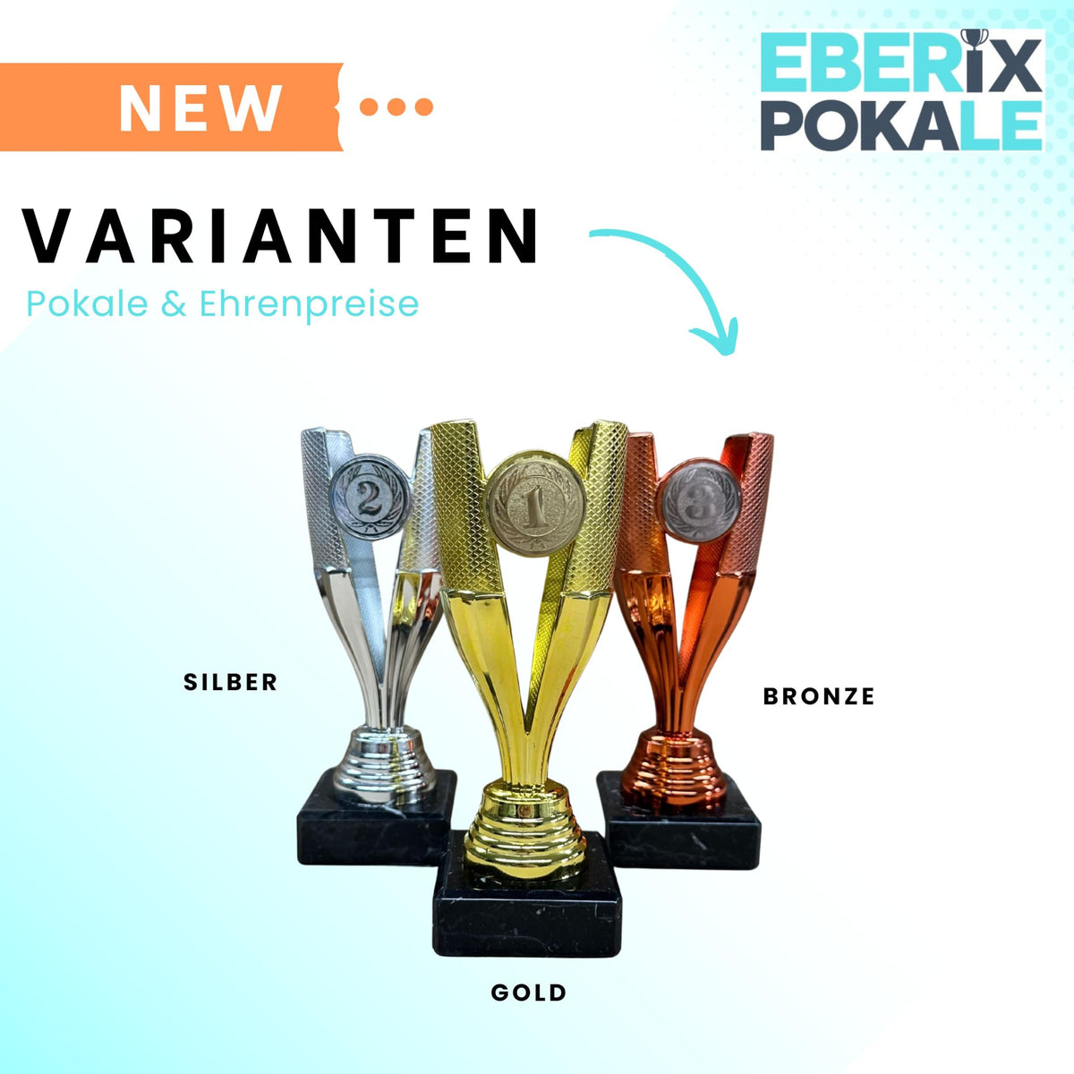 EBERiX POKALE – Pokal 15 cm mit Gravur auf Marmorsockel – wählbar in Gold Silber Bronze – personalisierte Kunststoff Trophäe – Award für Turniere & Events – einzeln oder als 3er-Set
