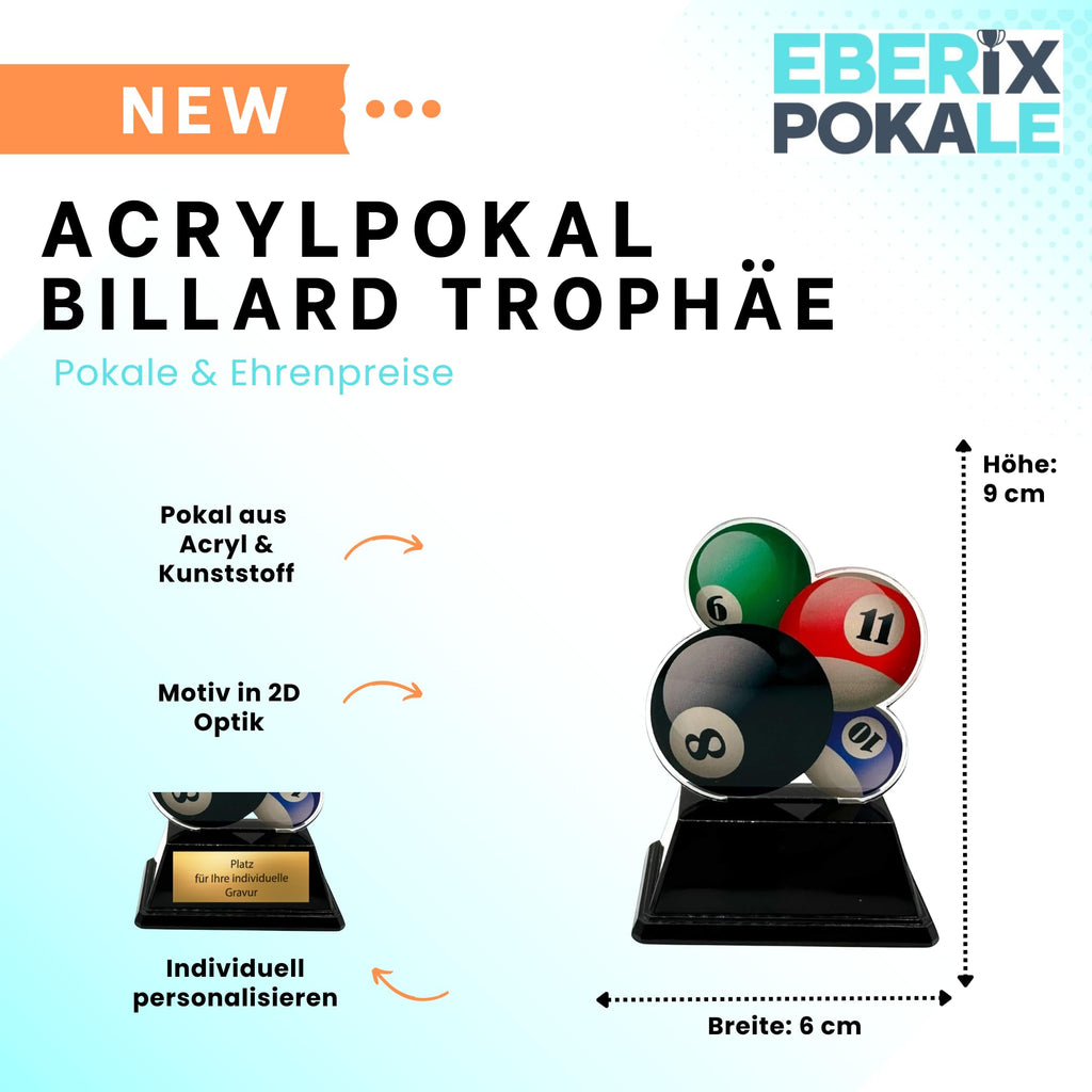 XS Billard Pokal 9 cm - Acryl Trophäe mit Gravur und Billardkugel Motiv