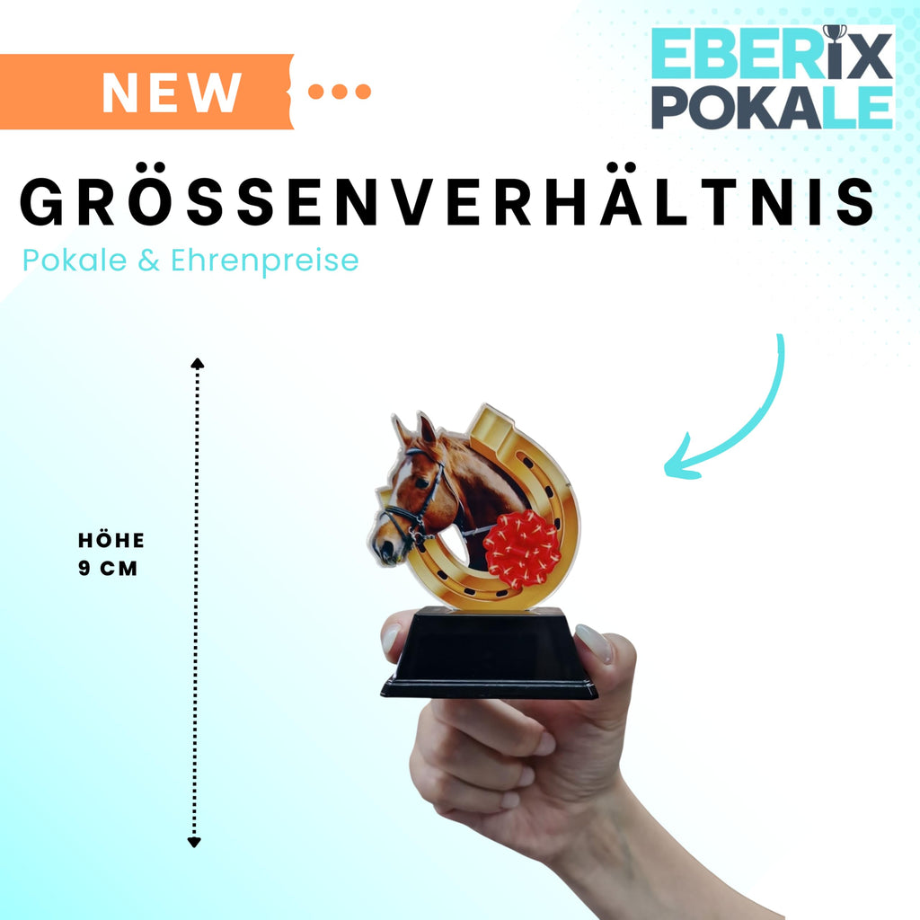 10 cm Reitsport Pokal Trophäe mit Pferdekopf & Hufeisen, Acryl Award