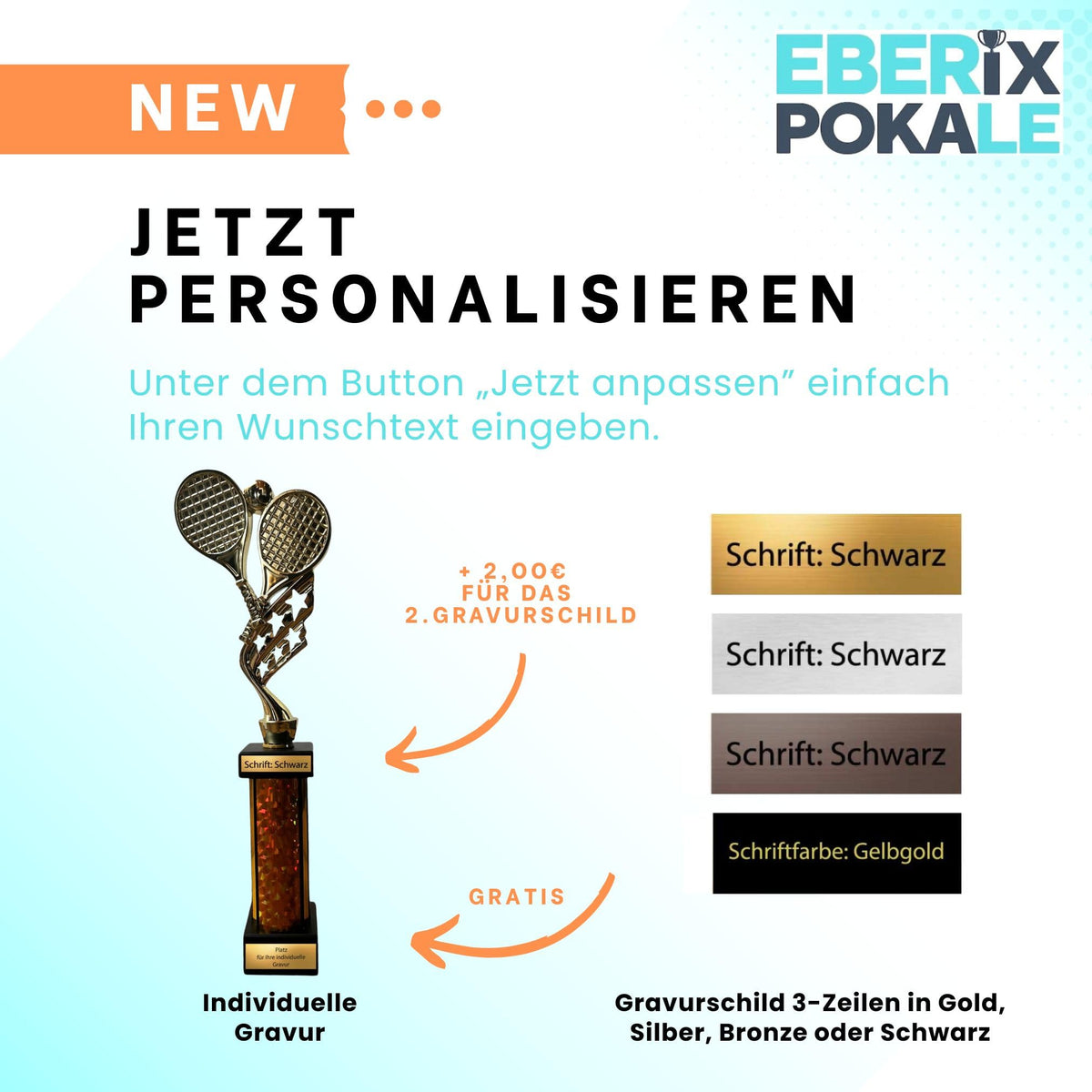 eberix · Tennis Pokal · mit Wunschgravur · Trophäe mit Tennisschläger & Ball Motiv · Siegerpokal für Tennis-Turnier, Vereinsmeisterschaft · personalisierbar ·