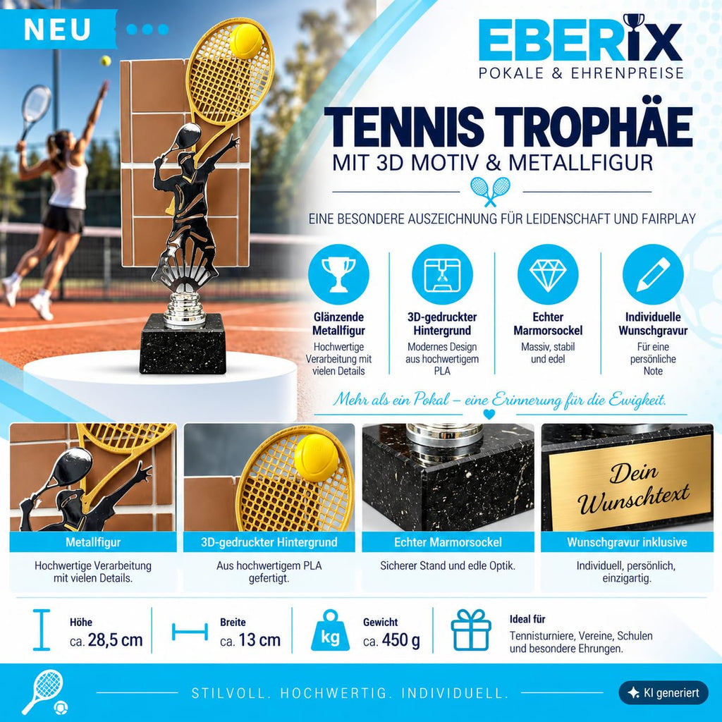 Tennispokal 28,5 cm Metallfigur mit Wunschgravur & 3D-Hintergrund