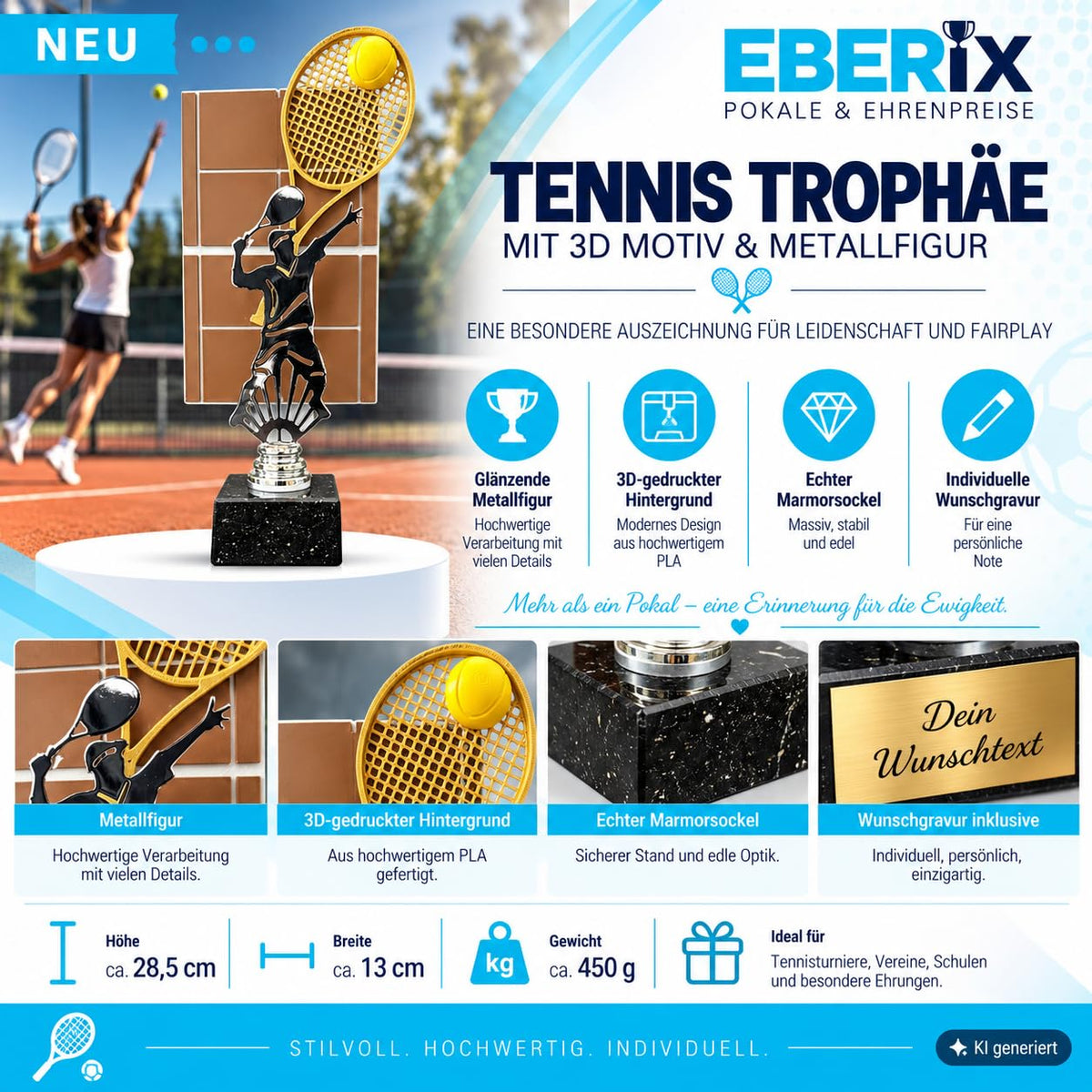 Tennispokal 28,5 cm Metallfigur mit Wunschgravur & 3D-Hintergrund
