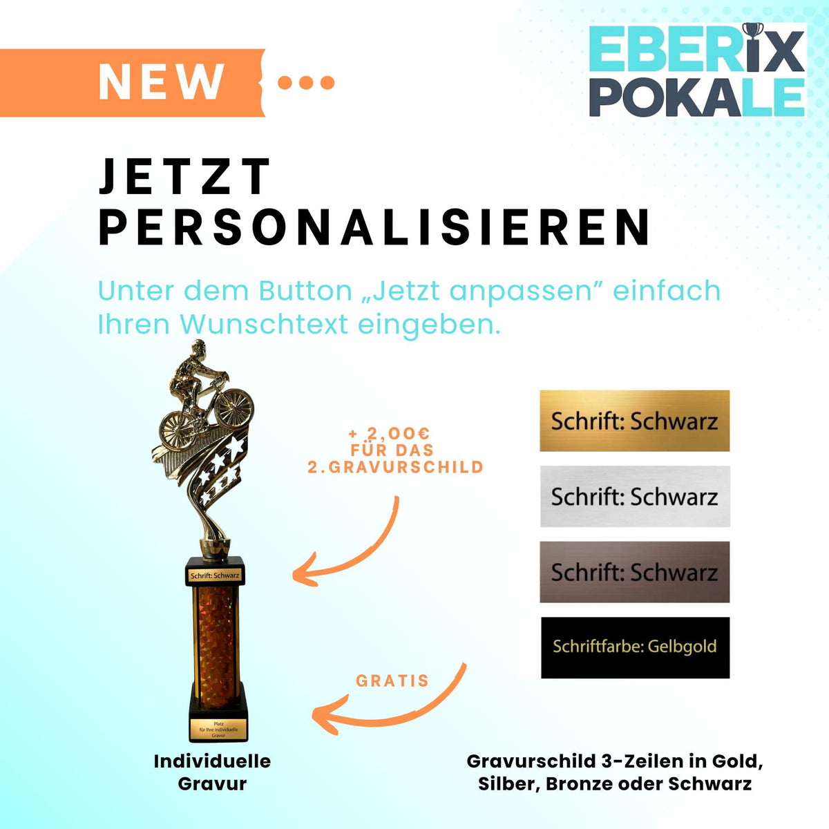 eberix · Fahrrad Pokal · mit Wunschgravur · Stadtradeln Trophäe mit Fahrrad-Motiv · Siegerpokal für MTB-Rennen, Radrennen, Vereinsmeisterschaft · personalisierbar ·