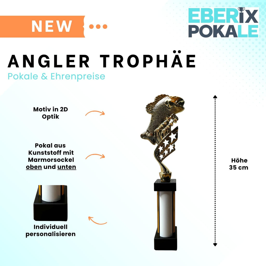 eberix · Angelsport Pokal · mit Wunschgravur · Trophäe mit Fisch-Motiv inkl. Gravur · Siegerpokal für Angelturnier, Vereinsfischen, Fischerfest, Raubfisch-Cup · personalisierbar ·