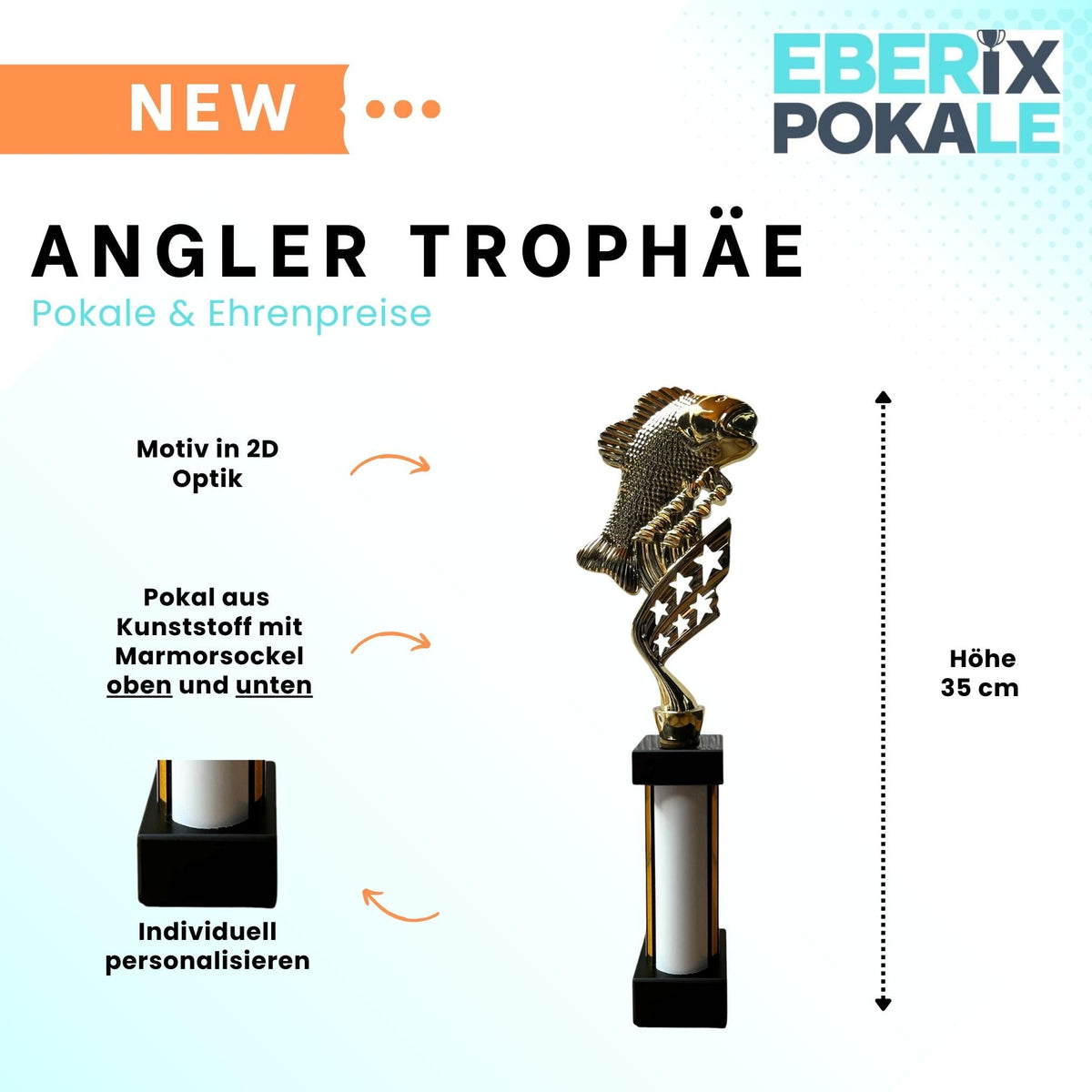 eberix · Angelsport Pokal · mit Wunschgravur · Trophäe mit Fisch-Motiv inkl. Gravur · Siegerpokal für Angelturnier, Vereinsfischen, Fischerfest, Raubfisch-Cup · personalisierbar ·