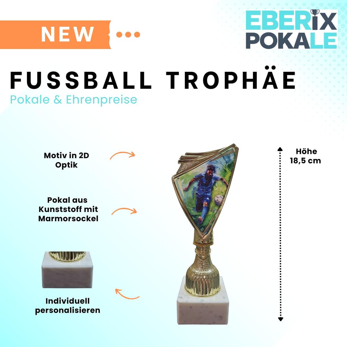 18,5 cm Fußball Pokal mit Wunschgravur - Spieler Trophäe Gold/Weiß Marmor