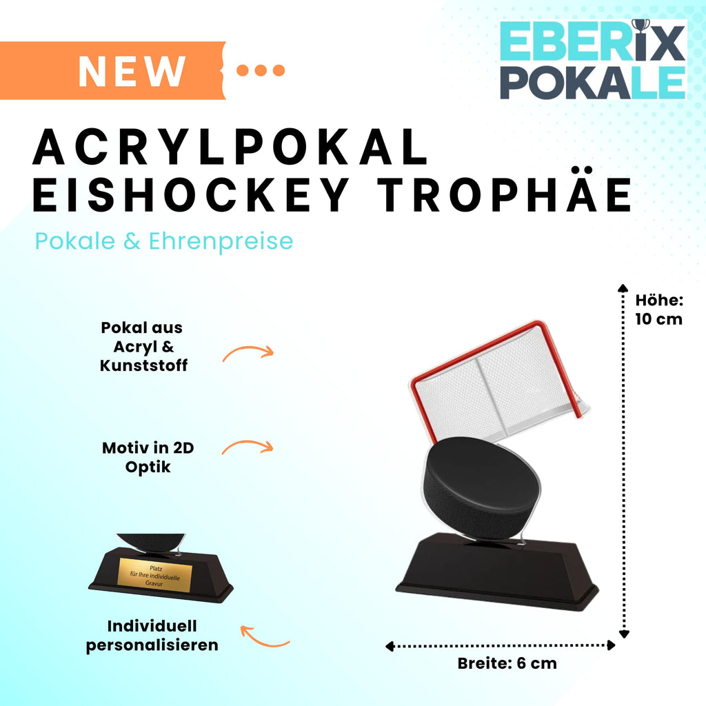 10 cm Eishockey Pokal - Acryltrophäe mit Puck & Tor Motiv - Inkl. Gravur