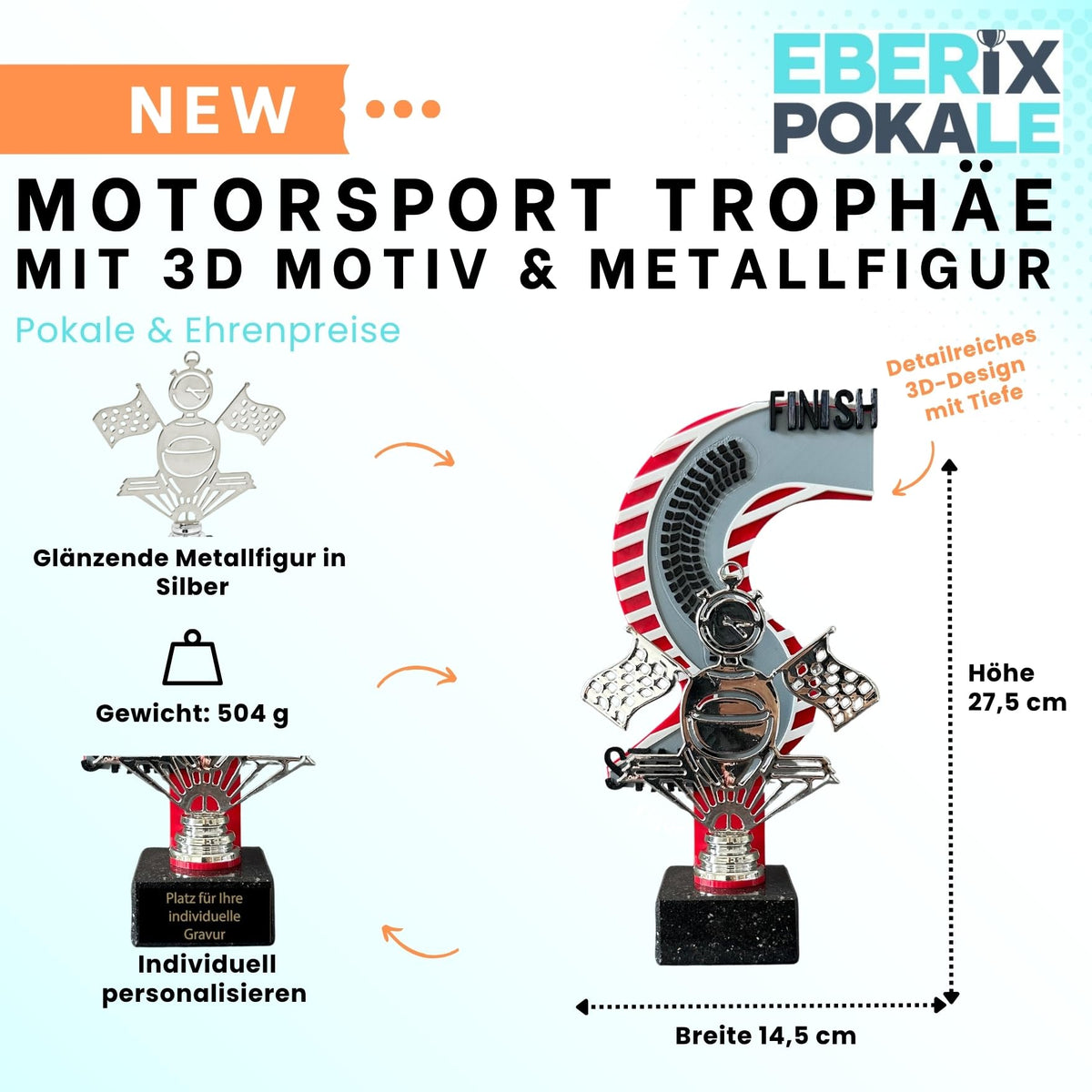 Motorsport Trophäe 27,5 cm Metallfigur mit 3D-Motiv & Wunschgravur