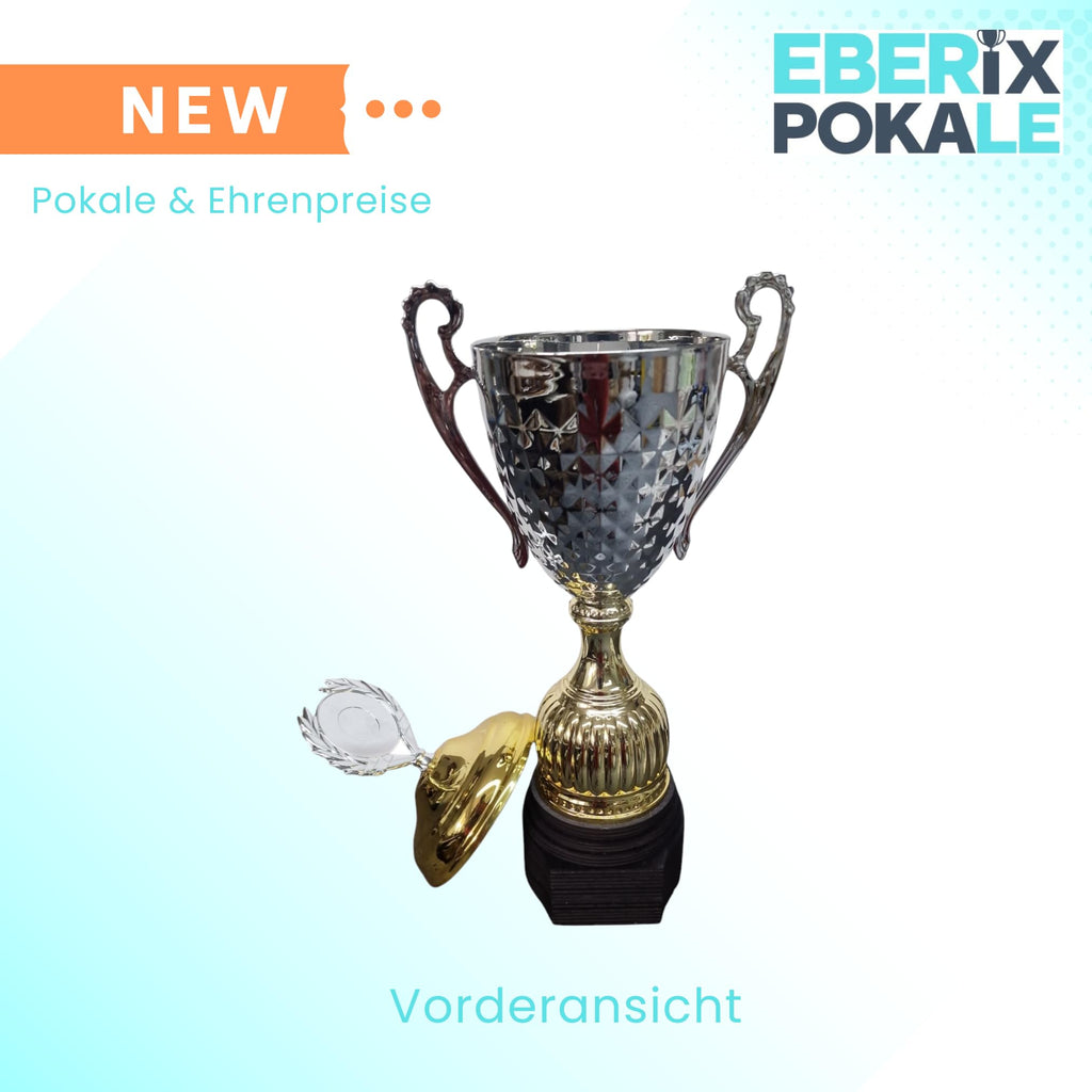 EBERiX · Athena oder Ares Wanderpokal · Wanderpokal mit Gravur · Eleganter Metallpokal mit Deckel & Holzsockel · 46 cm Höhe · Inkl. Gravurschild · personalisierbar