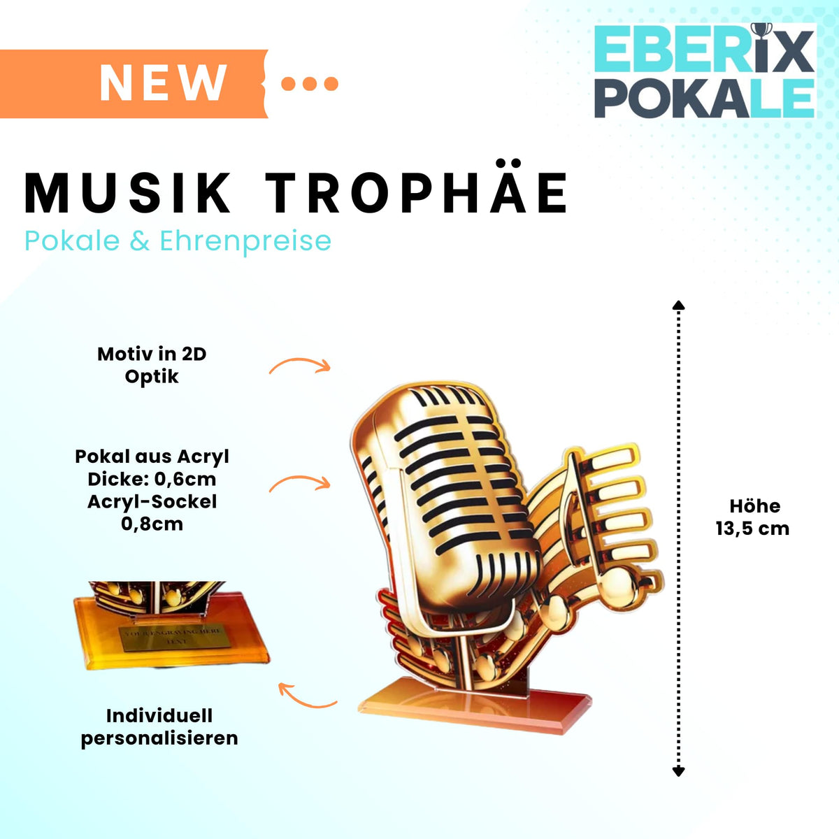 Musik Pokal mit Gravur - 2D Acryl Award für Gesang & Musikschule - 21 cm