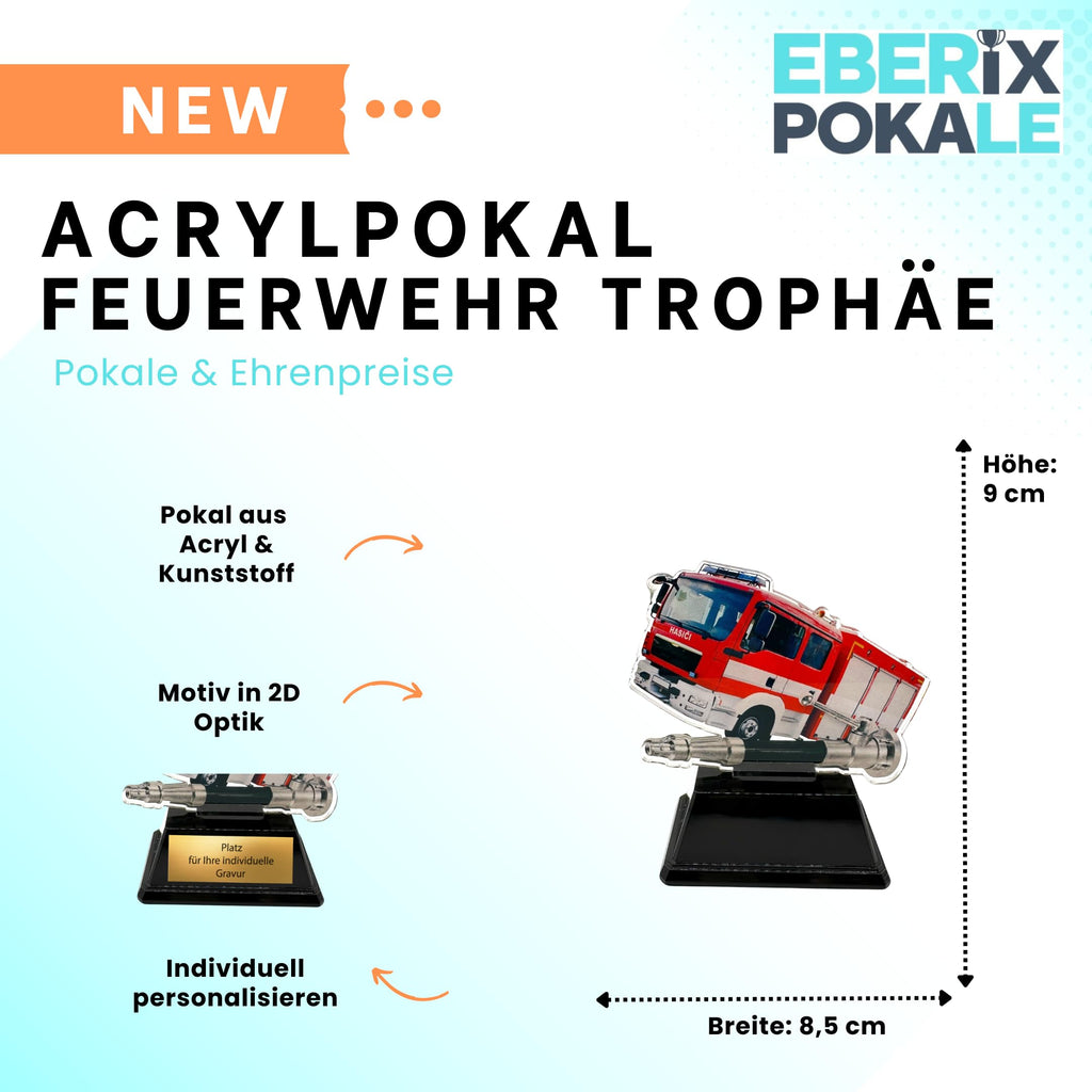 XS Feuerwehr Pokal 9 cm - Acryl Trophäe mit Feuerwehrauto & Gravurschild