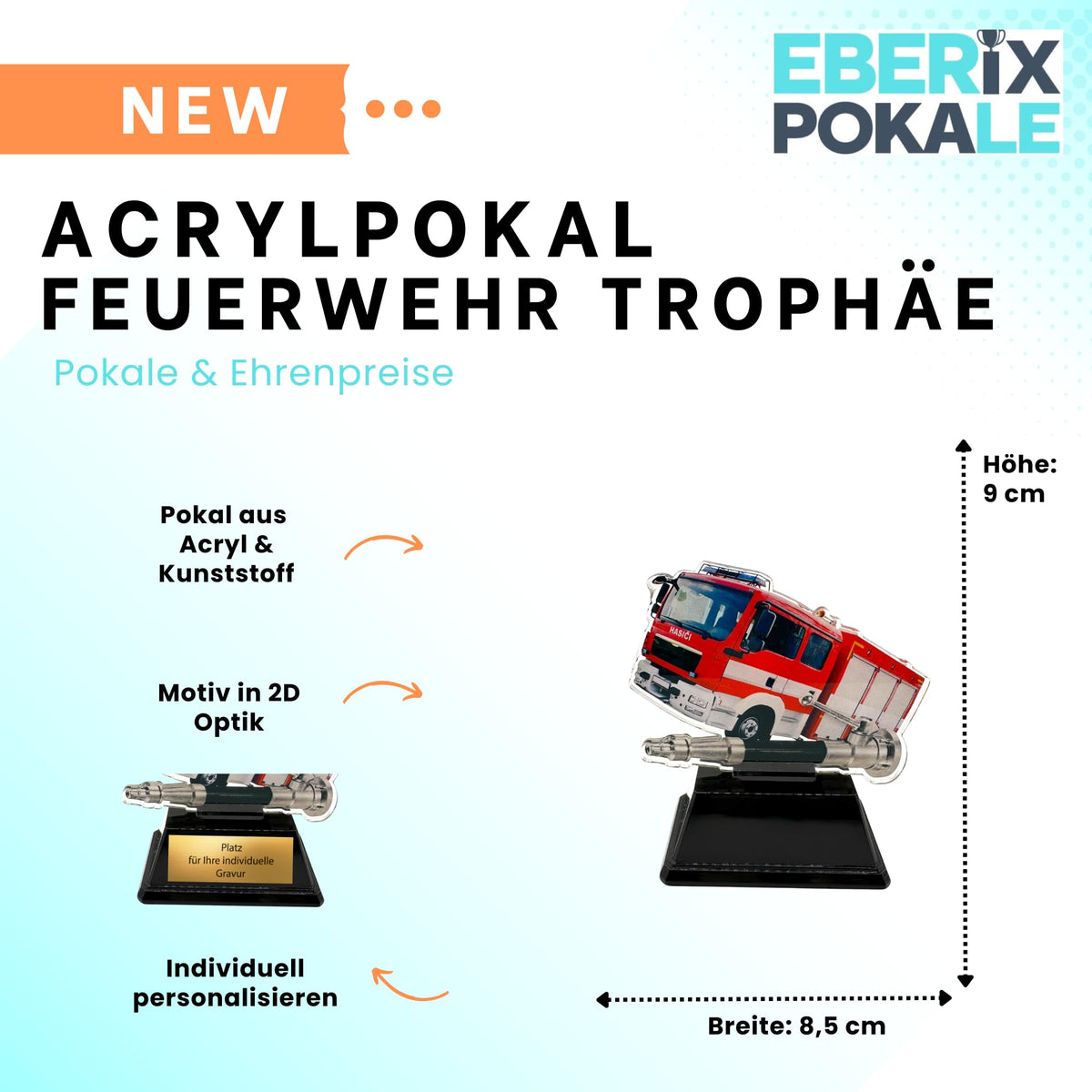 XS Feuerwehr Pokal 9 cm - Acryl Trophäe mit Feuerwehrauto & Gravurschild