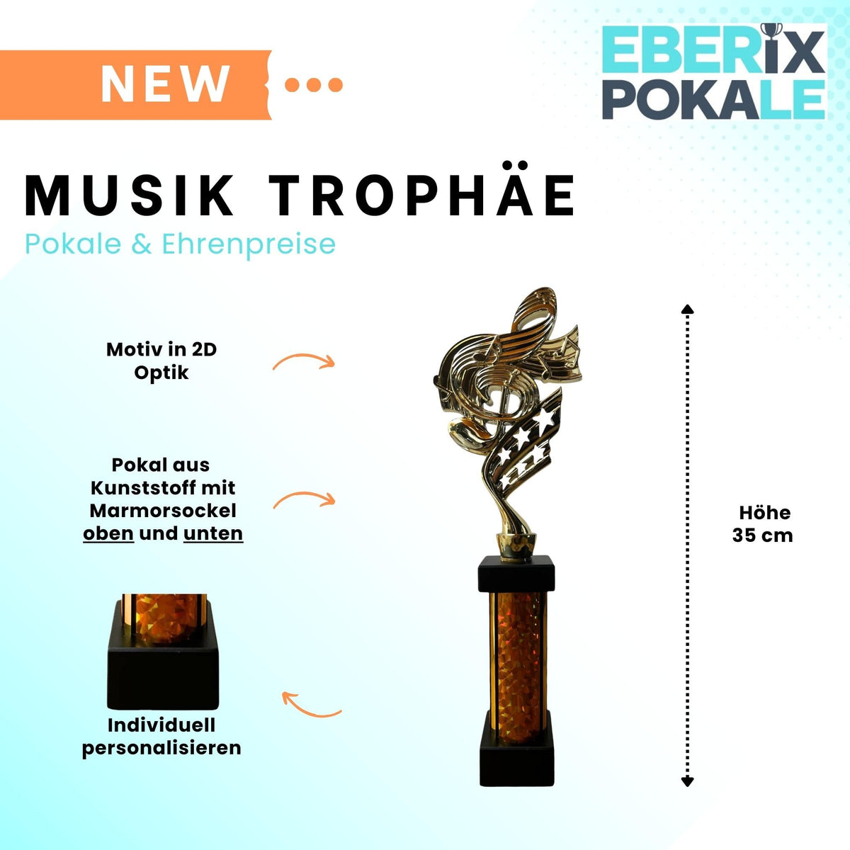 eberix · Musik Notenschlüssel Pokal · mit Wunschgravur · Trophäe für Musikwettbewerb · Siegerpokal für Orchester, Musikschule, Bandwettbewerb · personalisierbar ·
