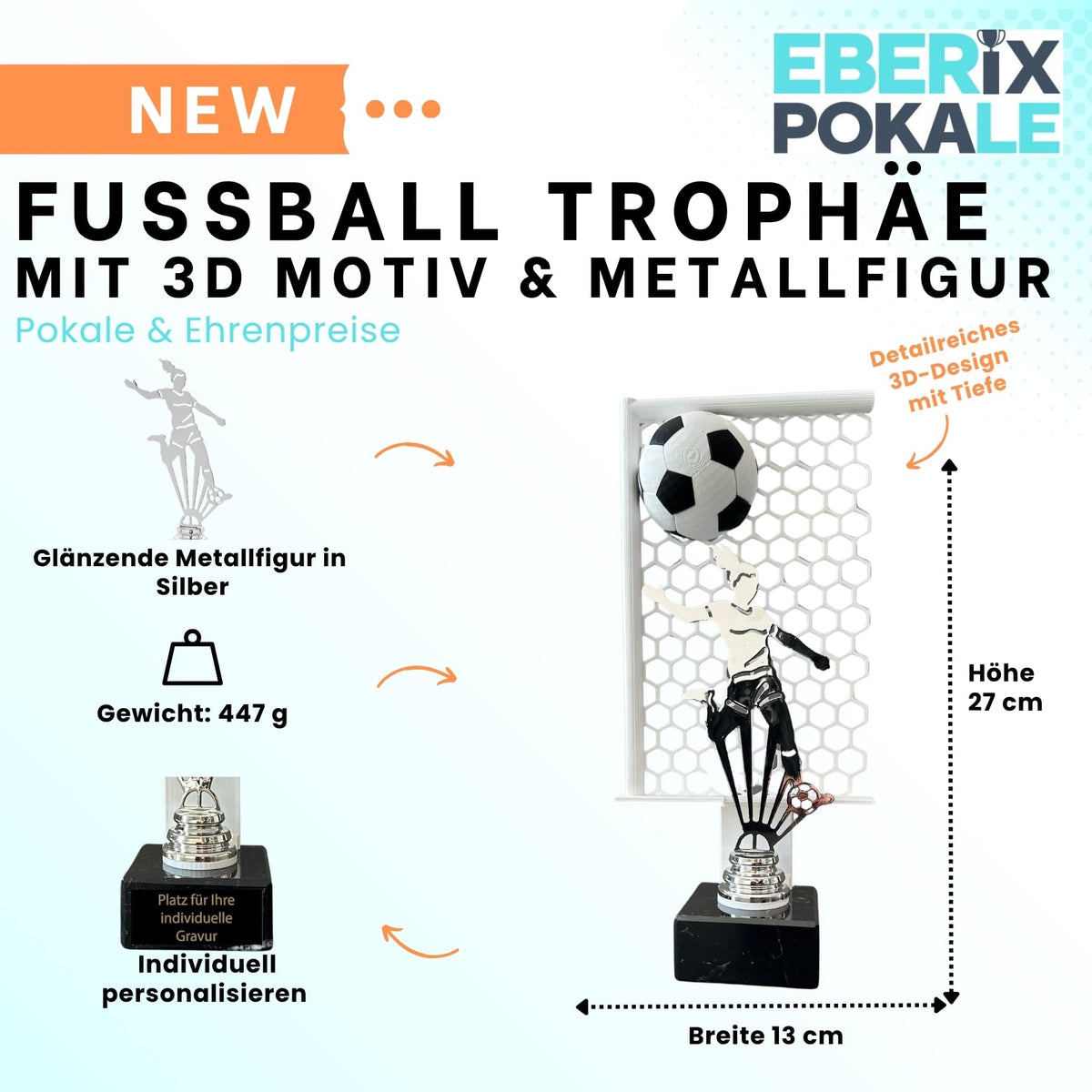 Fußballpokal Damen 27 cm Metallfigur mit Wunschgravur & 3D-Motiv