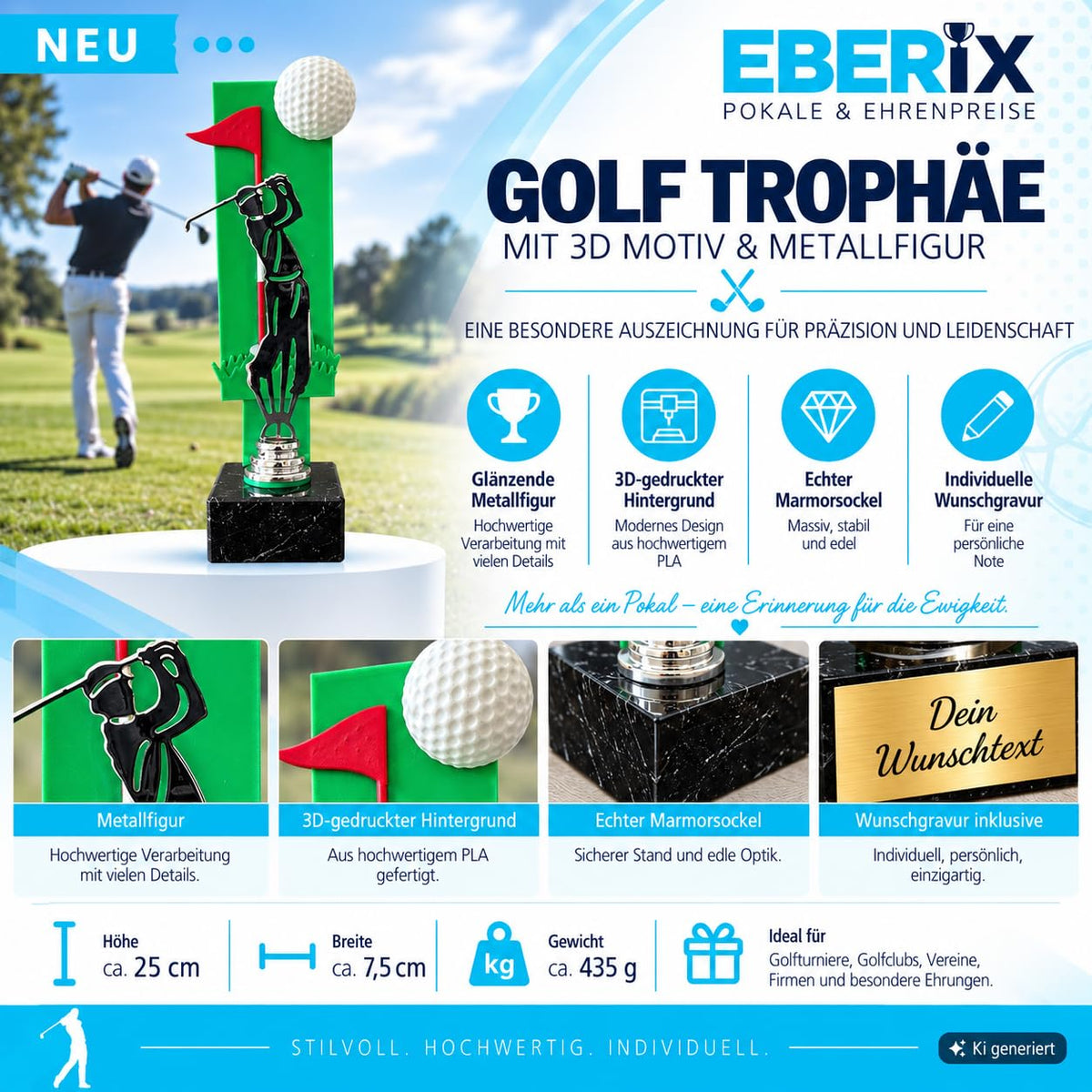 Golfpokal 25 cm Metallfigur mit Wunschgravur & 3D-Hintergrund