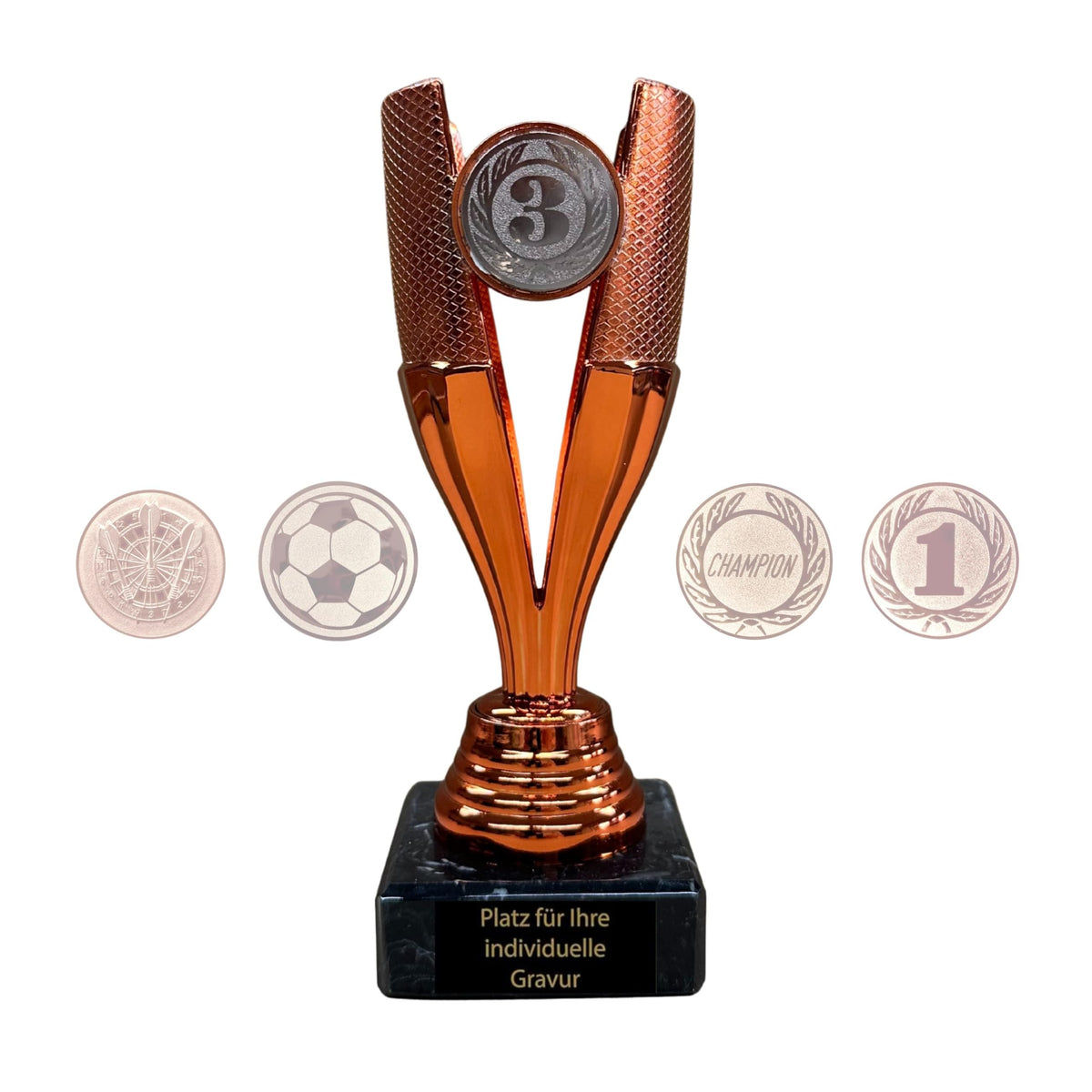 EBERiX POKALE – Pokal 15 cm mit Gravur auf Marmorsockel – wählbar in Gold Silber Bronze – personalisierte Kunststoff Trophäe – Award für Turniere & Events – einzeln oder als 3er-Set