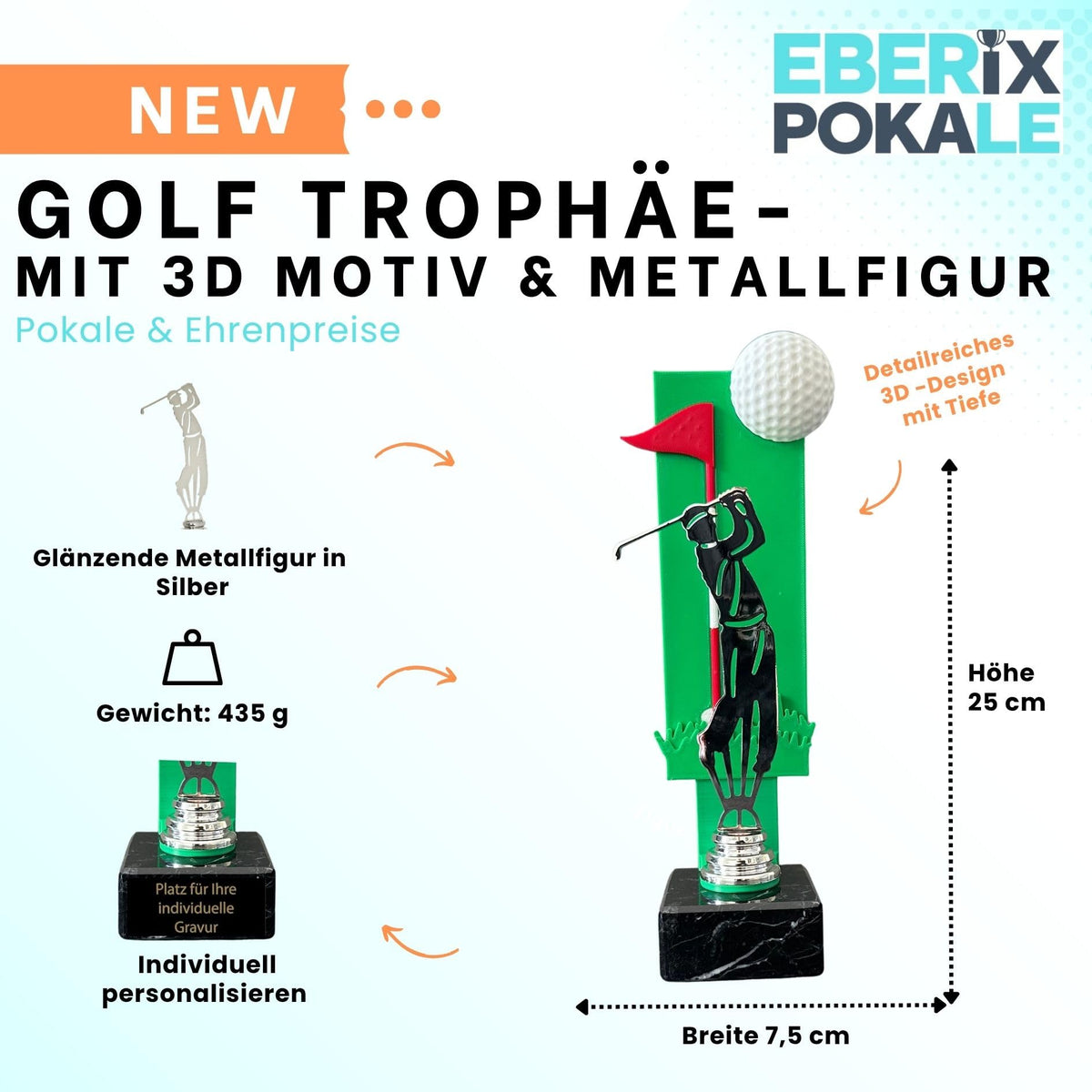 Golfpokal 25 cm Metallfigur mit Wunschgravur & 3D-Hintergrund
