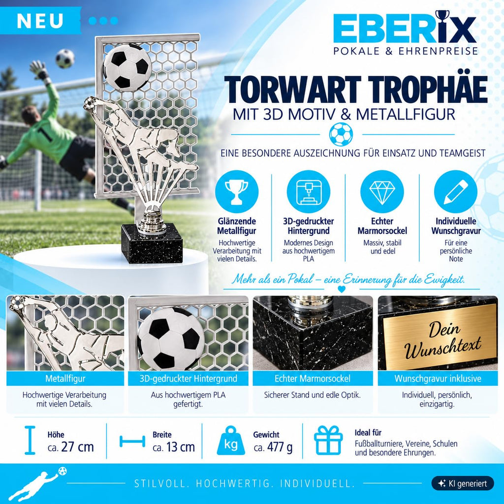 Torwartpokal 27 cm Metallfigur mit Wunschgravur & 3D-Hintergrund